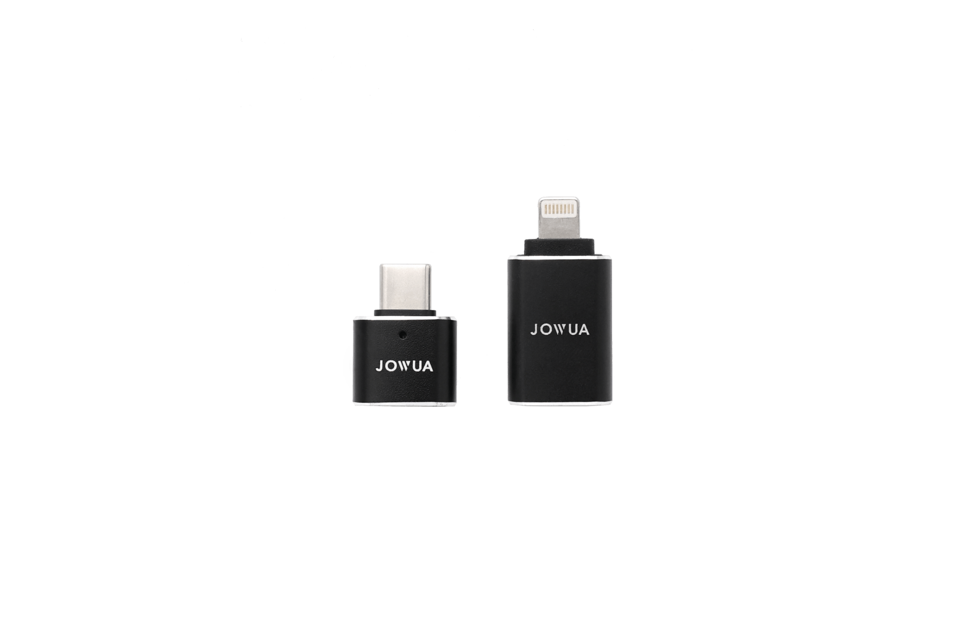 Two black JOWUA Sentry & DashCam Adapter Set OTG (USB-A to Type-C & Lightning) adapters are displayed side by side on a white background, with Type-C OTG and Lightning connectors for Tesla Sentry Mode and iPhone compatibility.