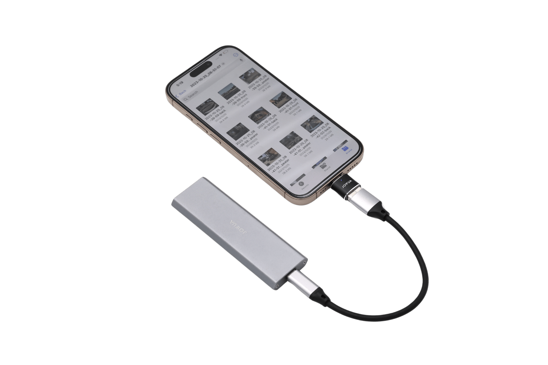 A smartphone uses the JOWUA Sentry & DashCam Adapter Set OTG (USB-A to Type-C & Lightning) in silver, connected by a black cable, with file thumbnails on screen to show data transfer between devices.