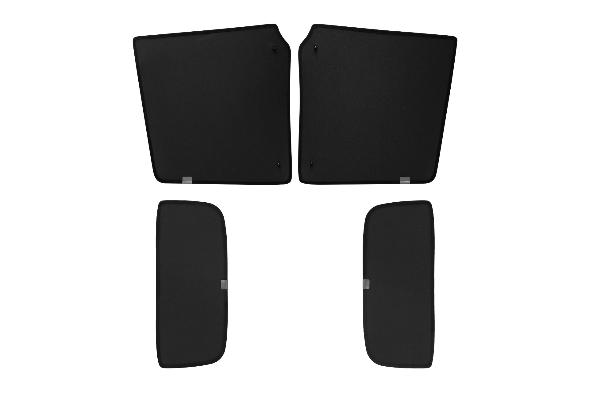 Four black, rectangular JOWUA Glass Roof Sunshade mats (Model X) are displayed on a plain background, providing UV protection and heat insulation. Two larger mats are above two smaller ones, each labeled on one edge.