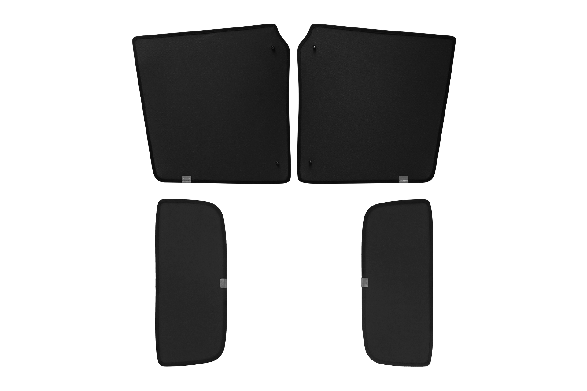 Four black, rectangular JOWUA Glass Roof Sunshade mats (Model X) are displayed on a plain background, providing UV protection and heat insulation. Two larger mats are above two smaller ones, each labeled on one edge.