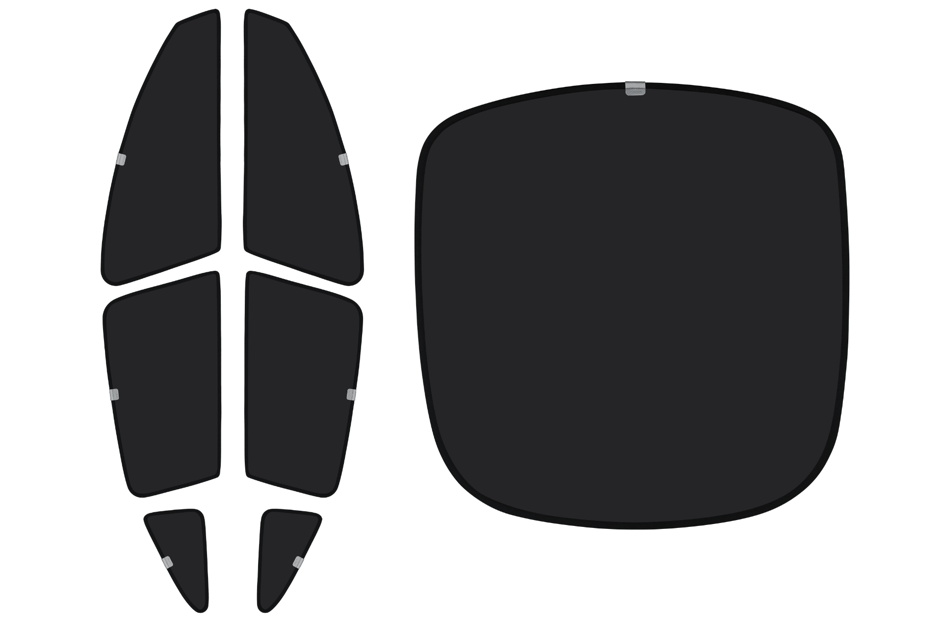 Six black geometric shapes are vertically arranged on the left, while a large, rounded black rectangle—resembling the JOWUA Side + Rear Lift Gate Window Sunshade for Model Y L (2026+), known for its superior thermal insulation—appears on the right; all feature small gray tabs and are set against a white background.