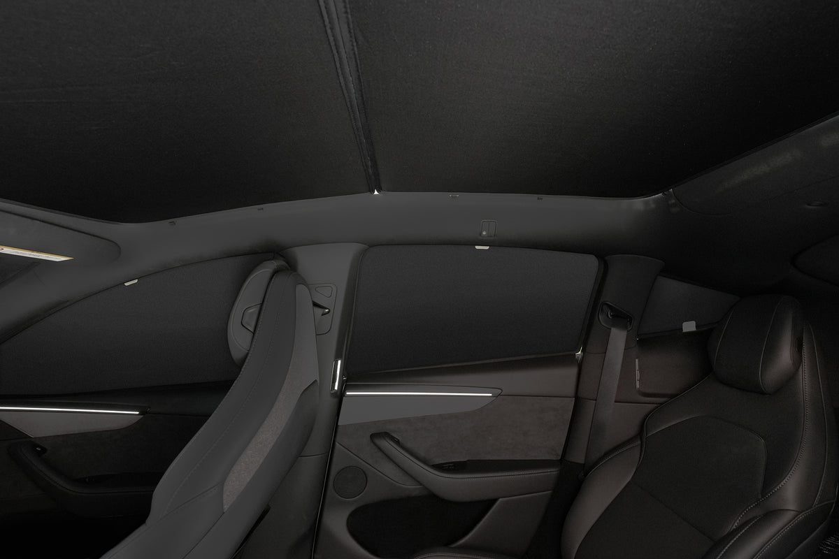 Interior view of a car equipped with JOWUA Side + Rear Lift Gate Window Sunshade for Model Y L (2026+), covering all windows and roof, featuring black leather seats and minimal lighting.