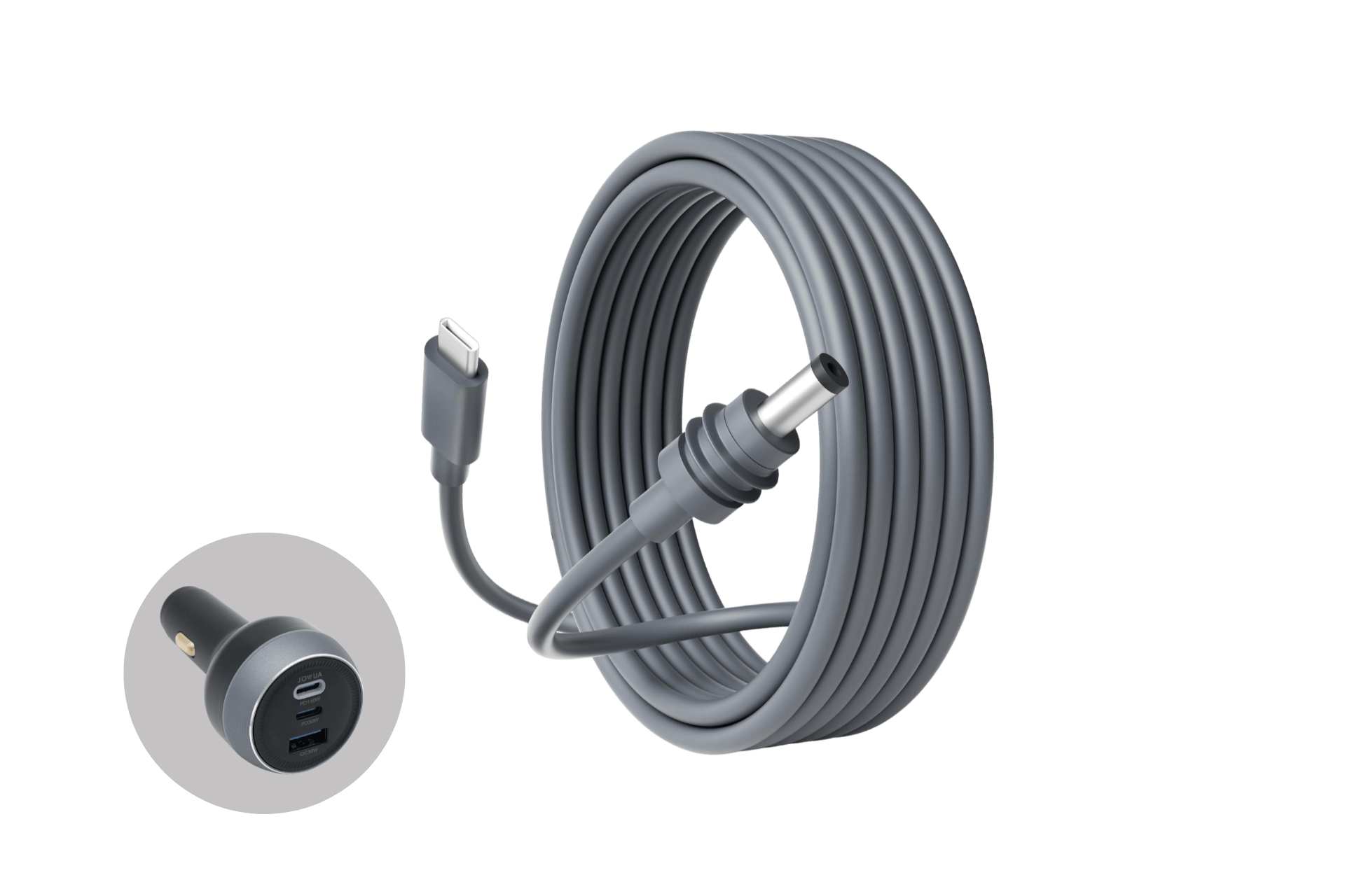 The JOWUA Starlink Mini USB-C to DC 3M Power Cable features a coiled gray design with barrel and USB-C connectors. Inset: black car charger with dual USB ports for Cybertruck/Model S/3/X/Y.
