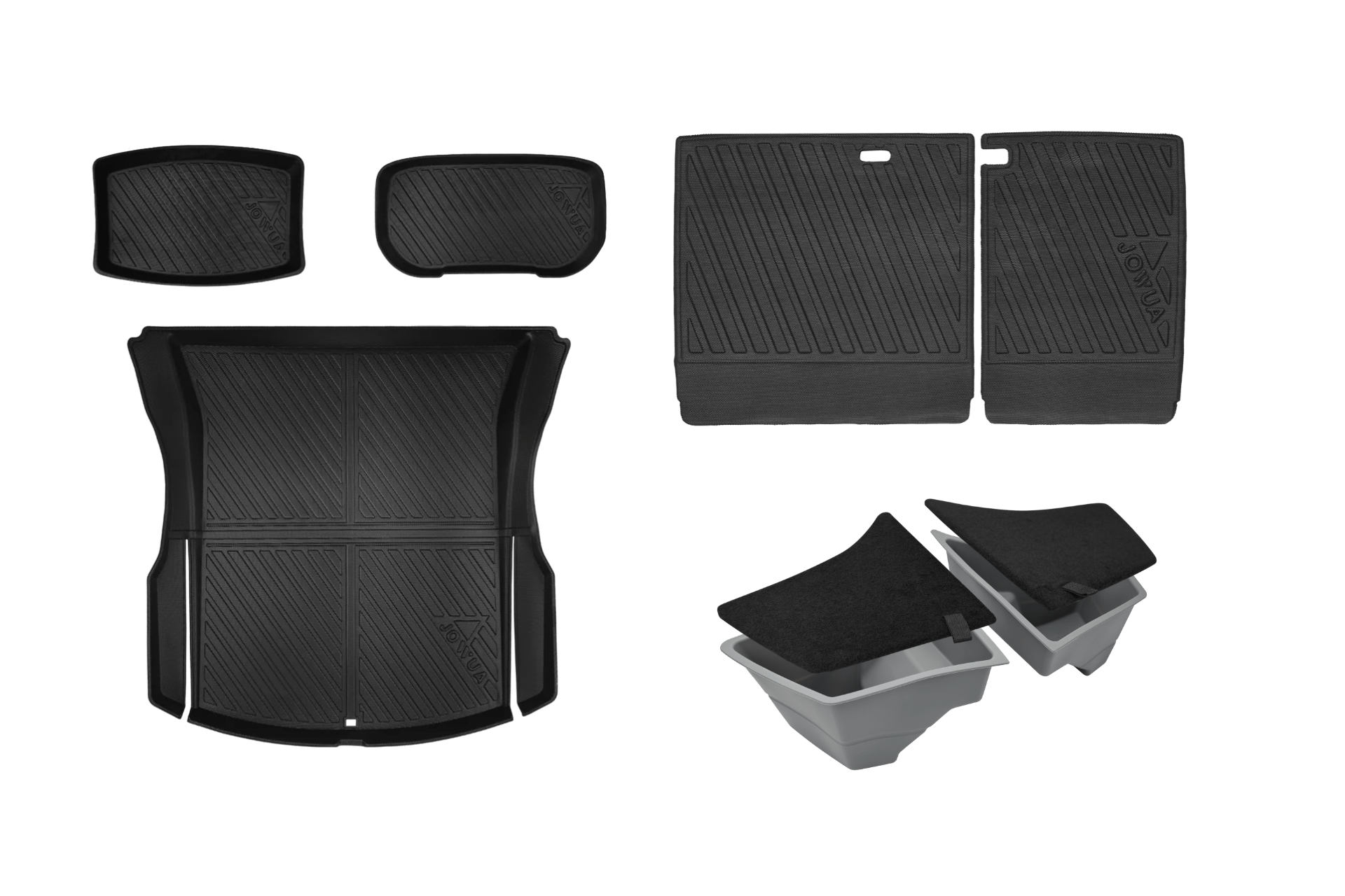 JOWUA Model 3 All Weather Trunk Combo (Model 3 Highland, 2024+) features five black rubber mats, a trunk liner, and two gray storage bins with black covers, arranged on a plain white background.