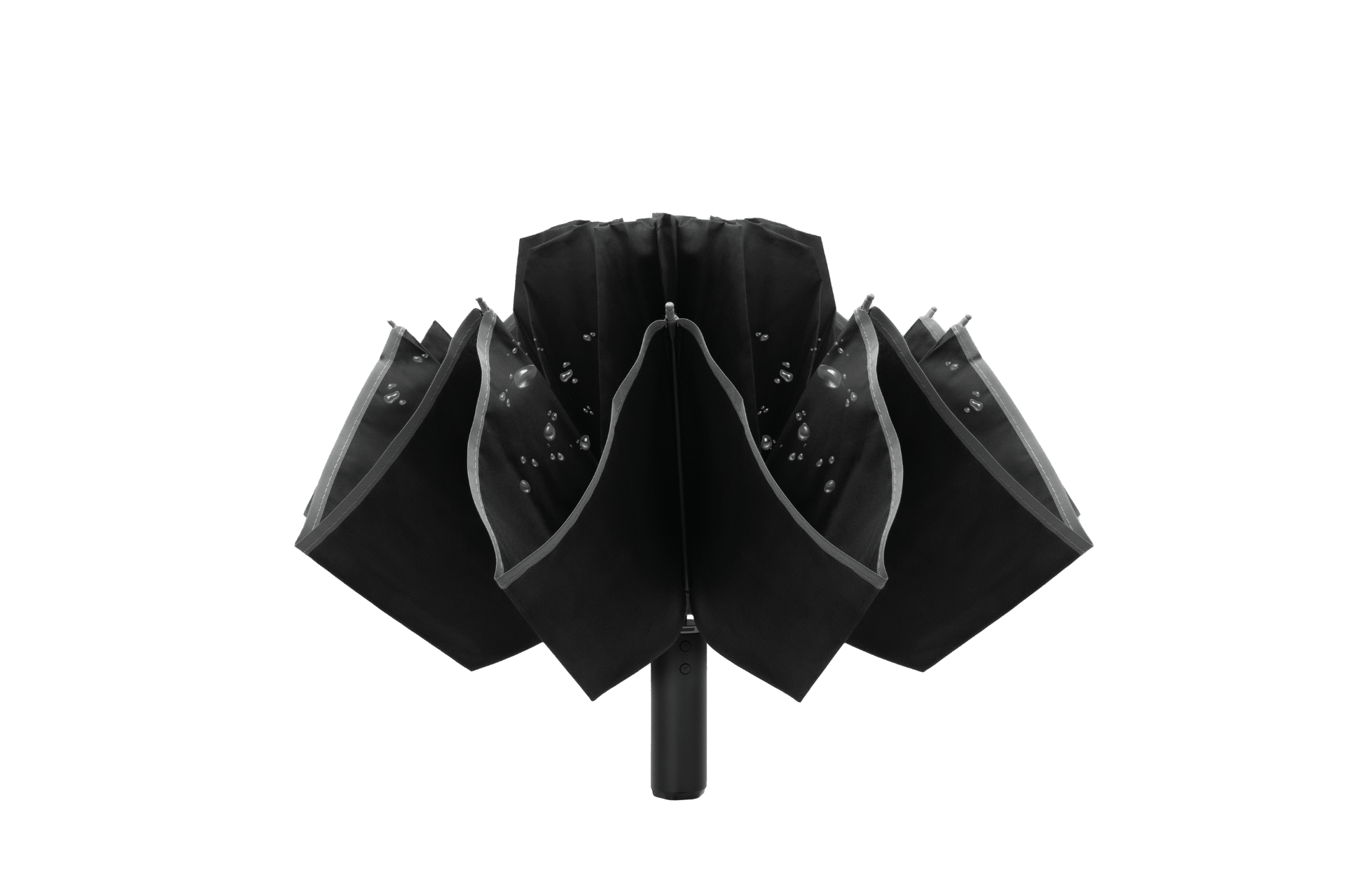 The JOWUA Type-C Electric Umbrella, shown in black and partially closed with water droplets on its fabric, is photographed against a plain white background.