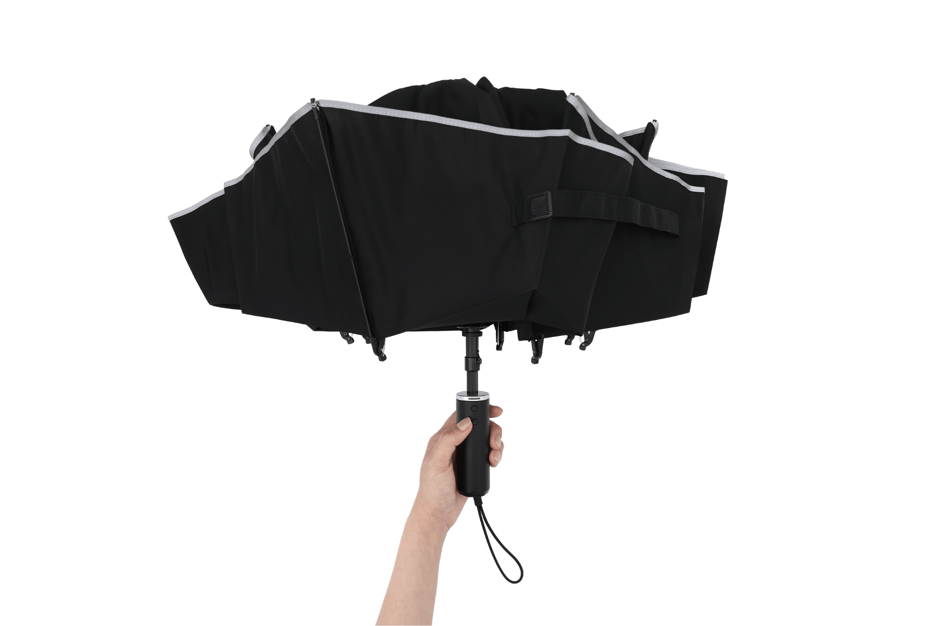 A hand holds the JOWUA Type-C Electric Umbrella, a partially opened black automatic umbrella with a reflective edge and USB Type-C charging, shown against a plain white background.