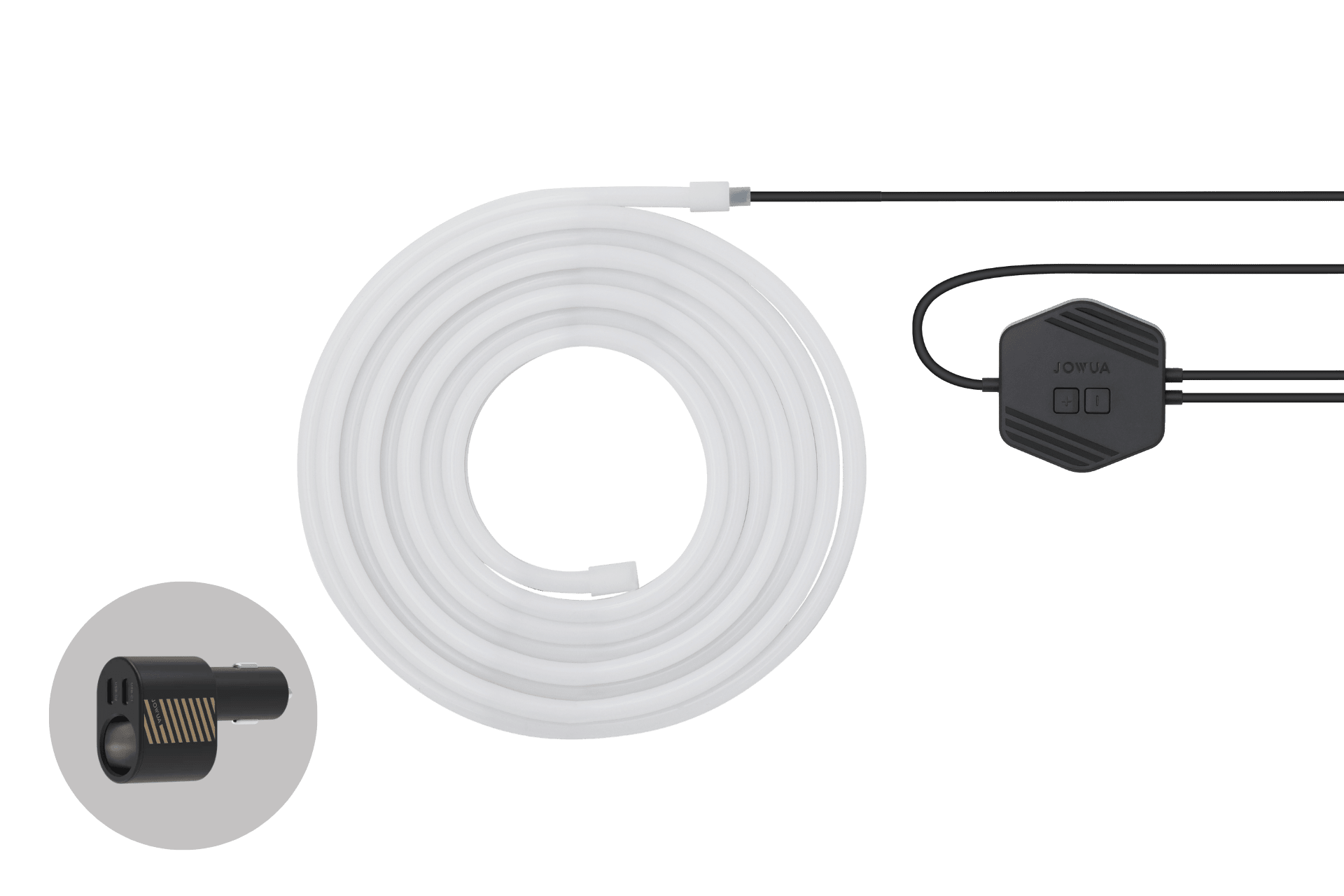 The JOWUA Tesla Model Y Trunk Ambient Light - USB-C LED Strip is shown coiled with a black control module. An inset displays a close-up of the gold-contact connector. The plain, light-colored background highlights the product’s features.