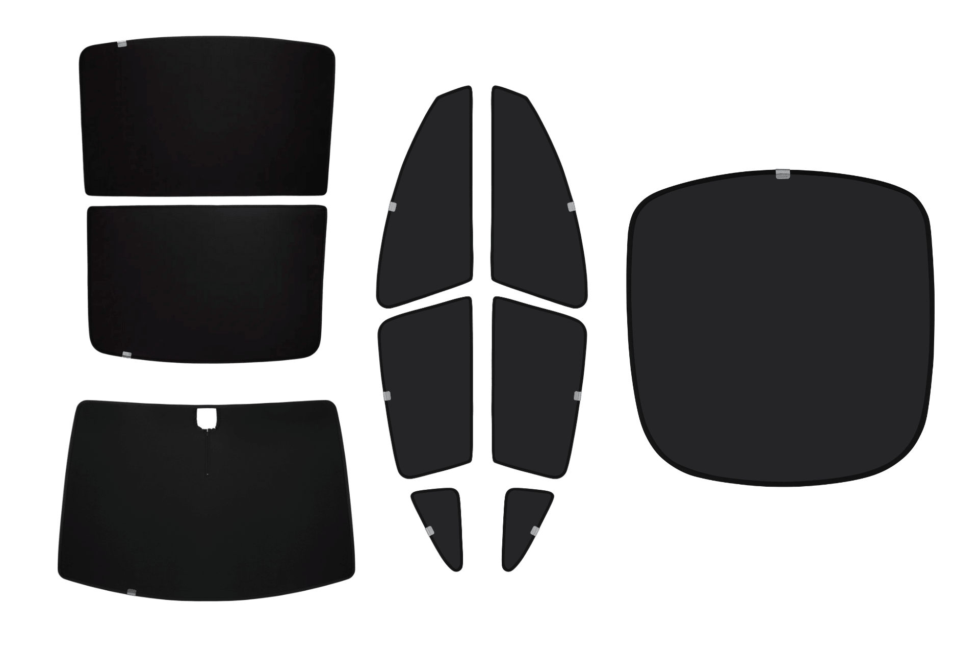 A set of six black, uniquely contoured JOWUA Ultimate Sunshade Bundle Model Y L (2026+) window shades is displayed on a white background, with each blackout car sunshade tailored to fit specific windows and deliver superior UV protection.