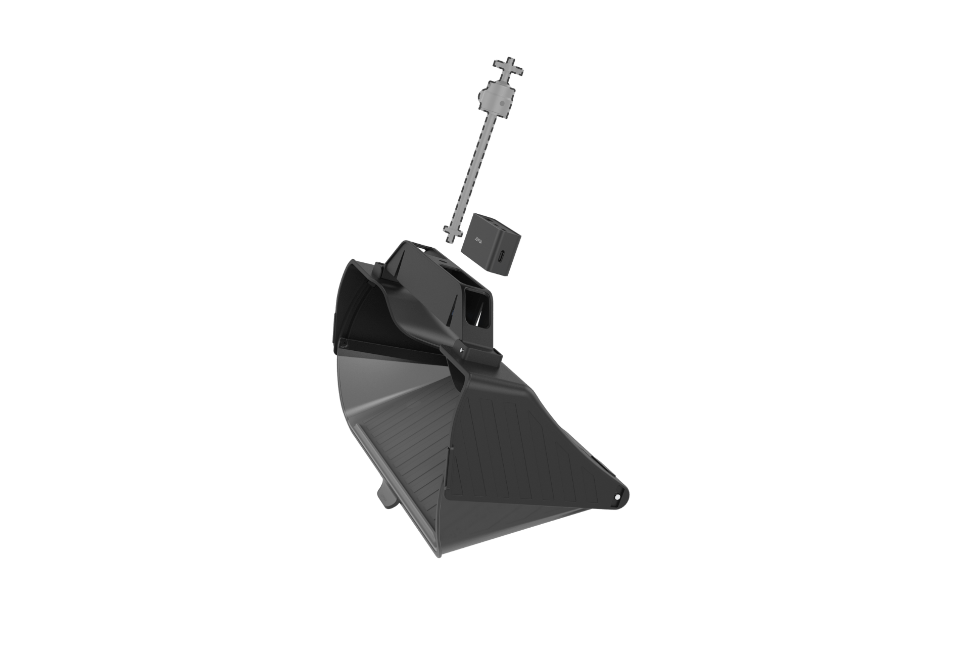 The JOWUA Under Screen Invisible Station Model 3 Highland (2024+)/Y Juniper (2025+) is a black, angular device with a textured surface, shown with a mounting pole and adjustable bracket, featuring a minimalist design on a white background.