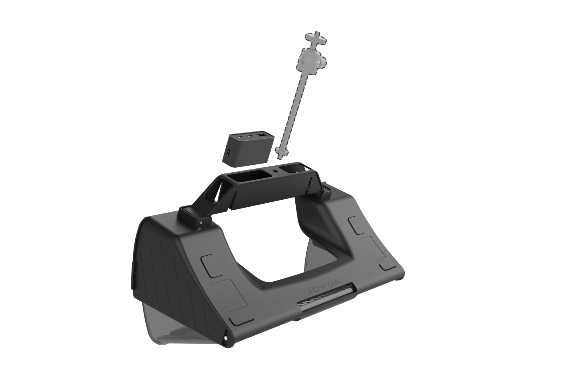 The JOWUA Under Screen Invisible Station Model 3 Highland (2024+)/Y Juniper (2025+) is a black, plastic, triangular device with a handle, minimalist design, detachable rectangular part, adjustable arm with knob, on a transparent background.