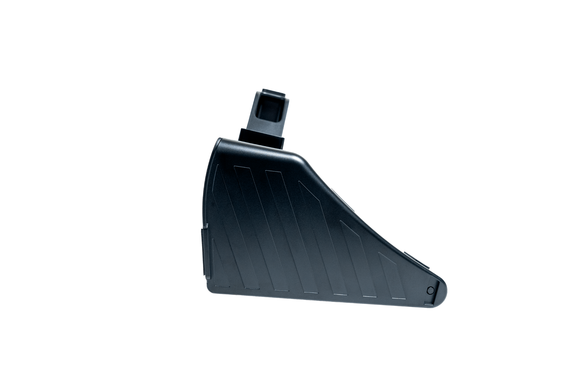 The JOWUA Under Screen Invisible Station for Model 3 Highland (2024+) and Y Juniper (2025+) is a sleek, black plastic accessory with angled ridges and a discreet tab—perfect for enhancing your Tesla.