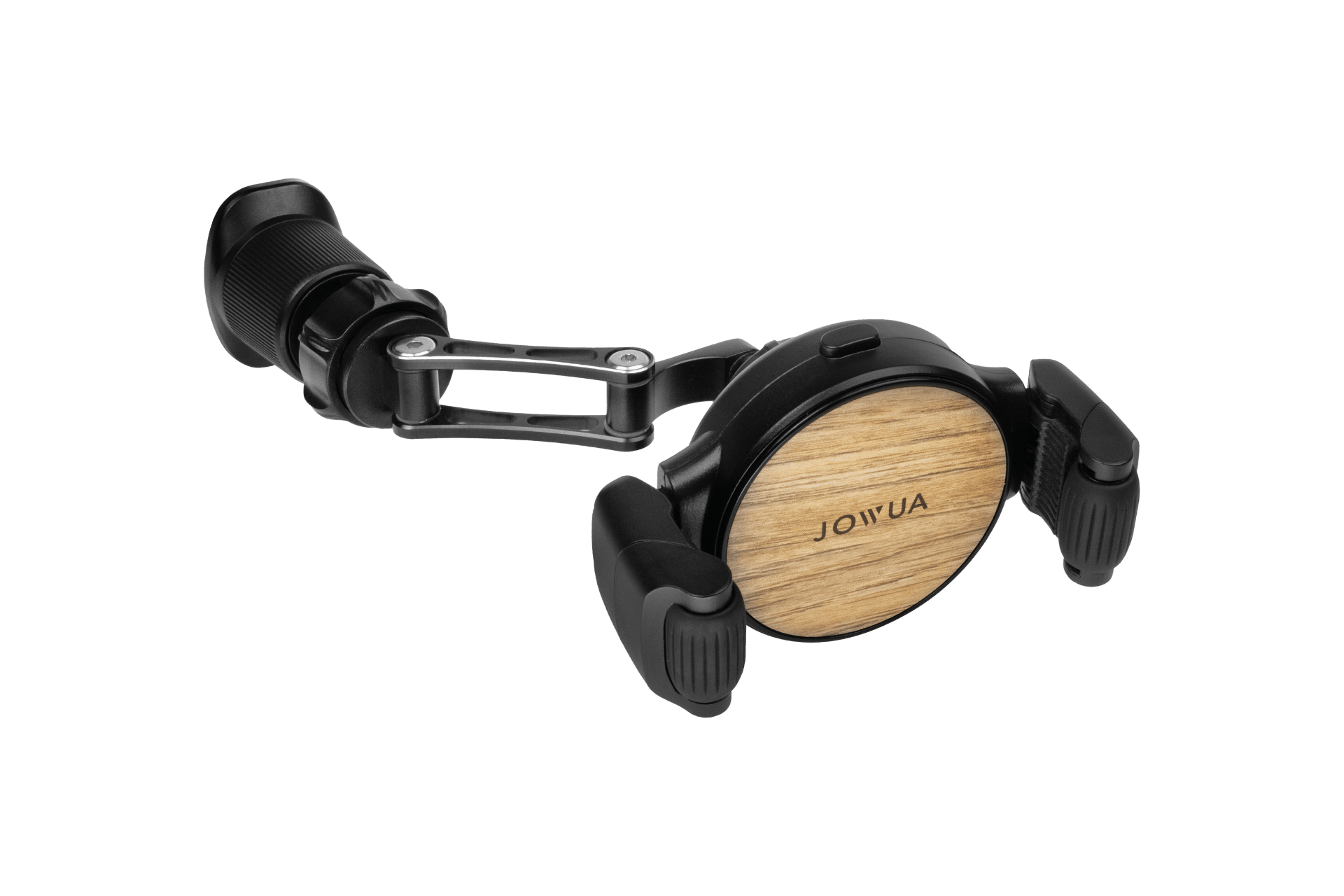 A black and wood grain JOWUA Universal Air Vent Car Mount (Qi2 Universal Roller Mount) with adjustable arms and a clamp mount is shown against a white background.