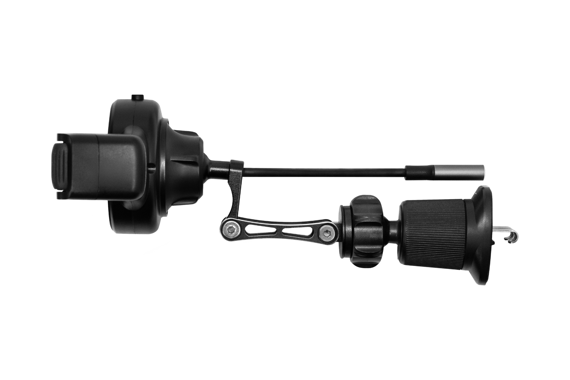 A JOWUA Universal Air Vent Car Mount (Qi2 Universal Roller Mount), black with a gear wheel, adjustable arm, and rotating knob, lies horizontally on a white background—showcasing design precision like a camera follow focus system.
