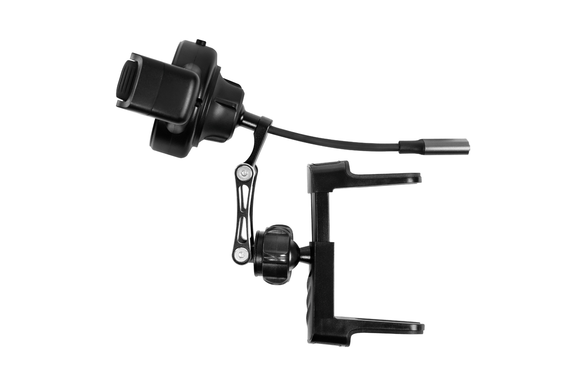 A black JOWUA Universal Air Vent Car Mount (Qi2 Universal Roller Mount) with a cylindrical part, cable, bracket, and adjustable arm enables fast wireless charging. Shown on a transparent background.
