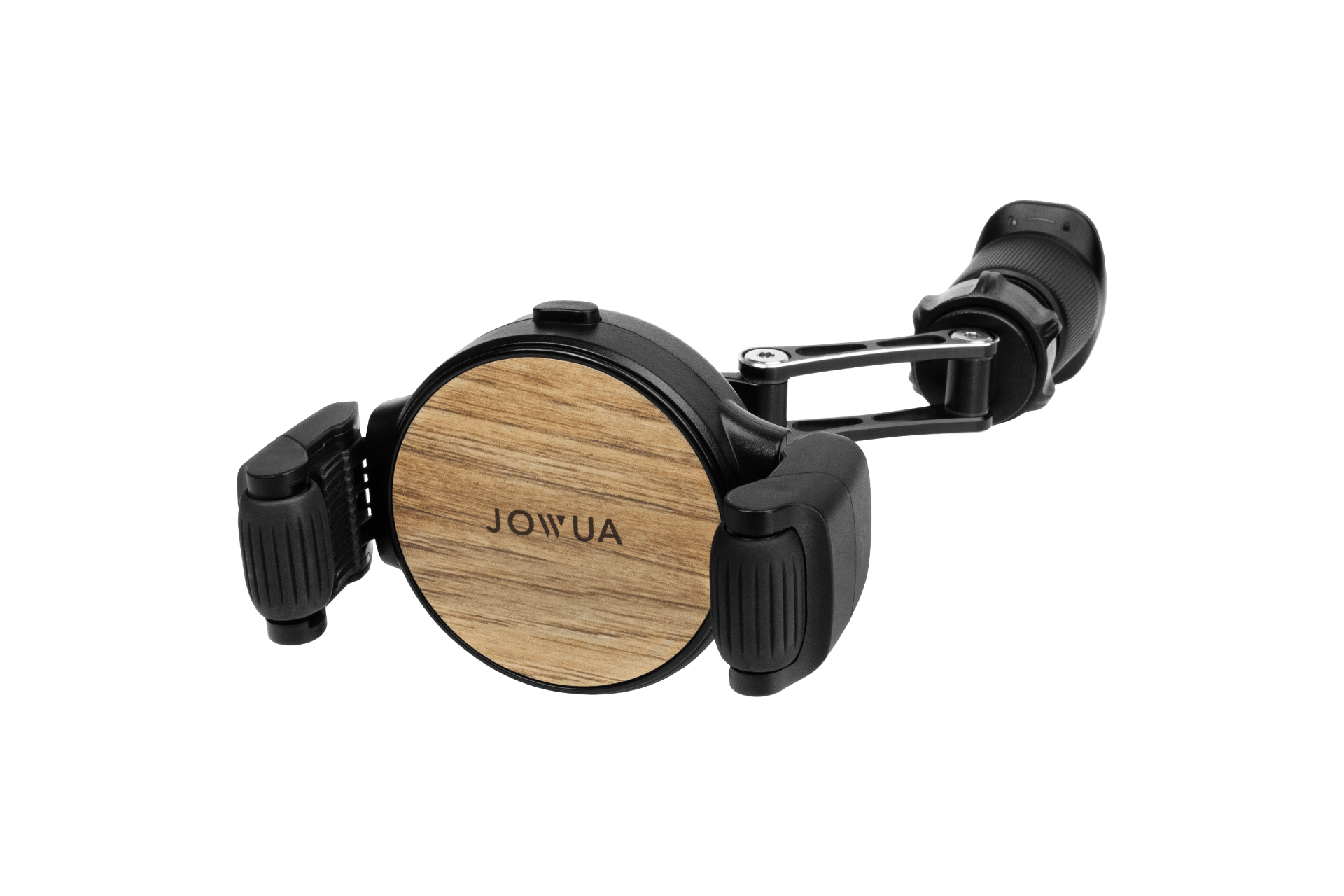 The JOWUA Universal Air Vent Car Mount (Qi2 Universal Roller Mount) features adjustable grip arms, a clamp for vent or dashboard use, and fast wireless charging, combining black and wood-patterned design for convenience on the go.