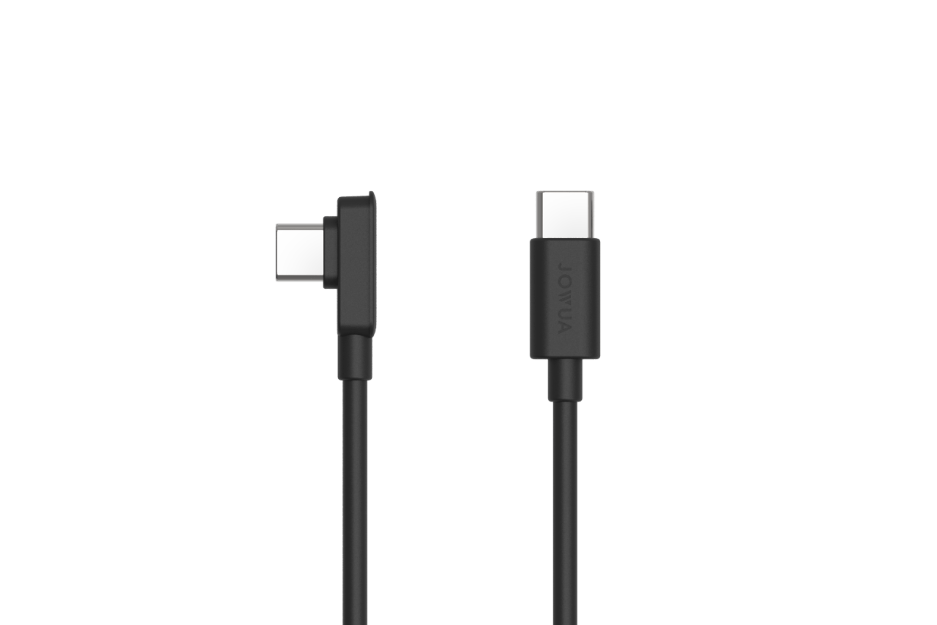 Displayed on a white background are two USB-C cables by JOWUA: one with an L-shape connector ideal for Tesla center consoles and the other with a straight design. Both support PD fast charging, and "JOWUA" is engraved on the connector housing.