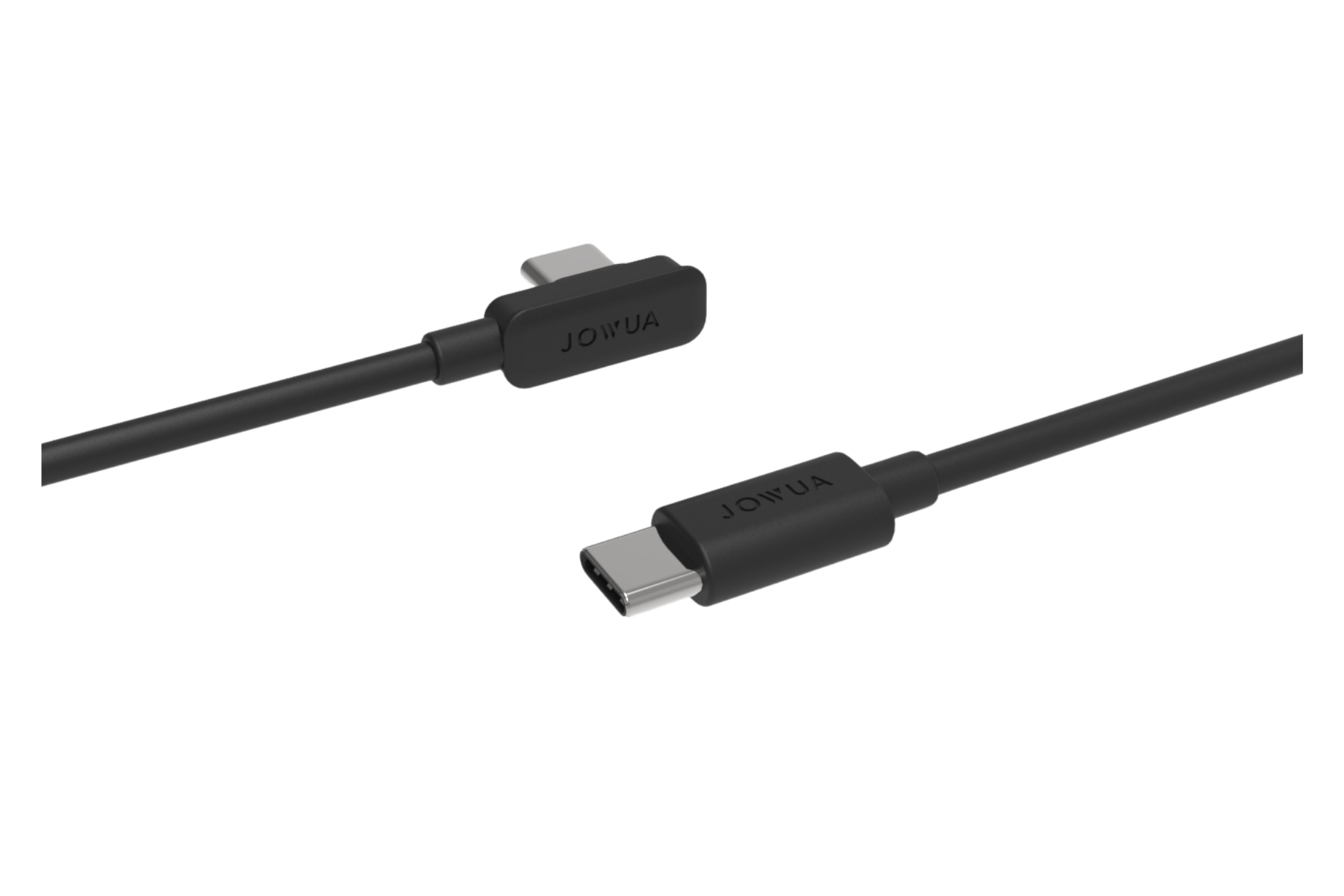 The JOWUA USB-C L Shape Cable (1.75M-3M) features a sleek black design with "JOWUA" on both connectors. The left connector is right-angled for PD fast charging, while the right is straight, making it ideal for Tesla center console use.
