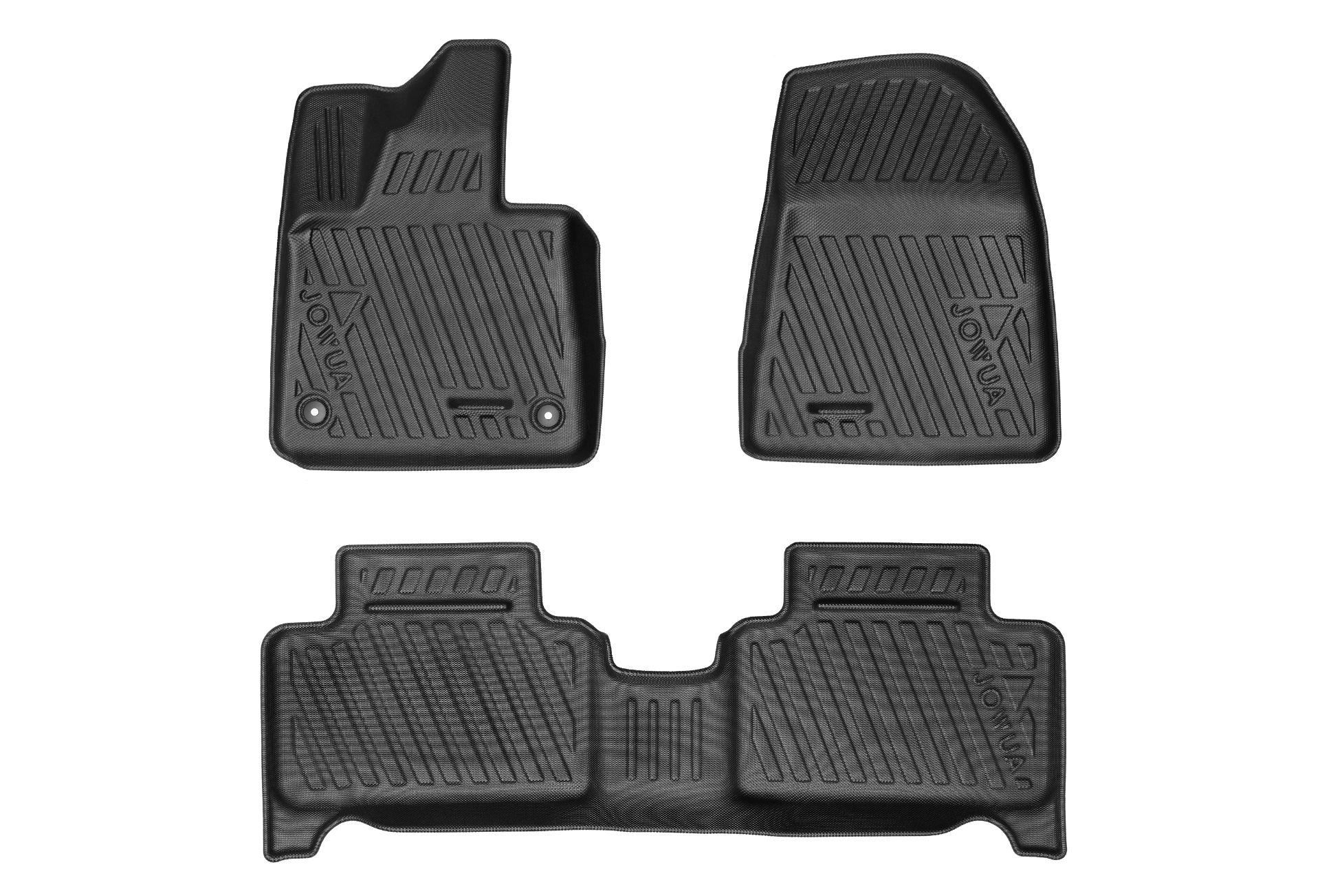 Three black, textured JOWUA All Weather Floor Liners for Volvo EX30, each with raised edges and "JOWUA" molded in, offer a custom fit and floor liner look against a plain white background.