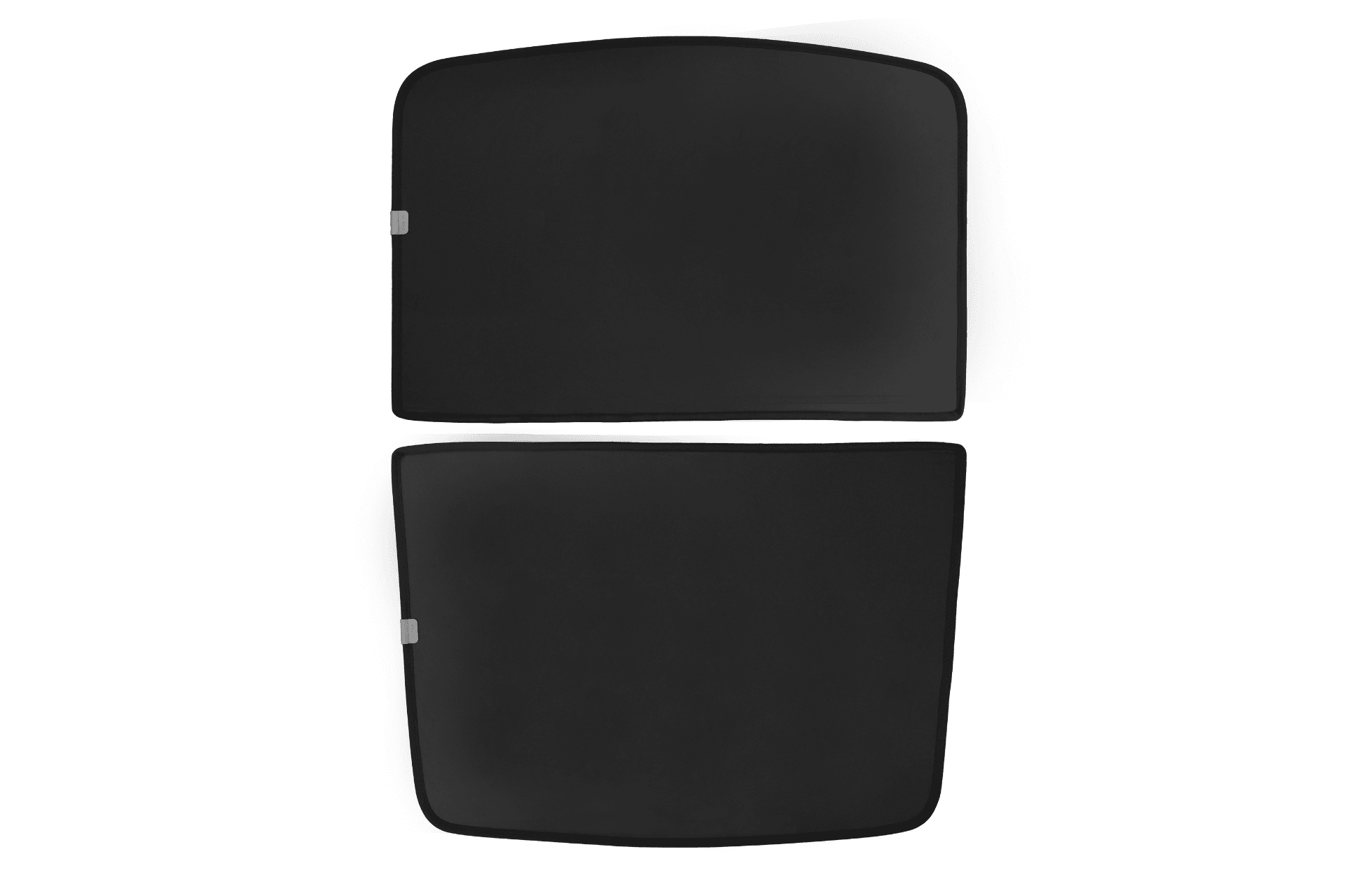 Two black JOWUA Glass Roof Sunshades for Volvo EX30, made of mesh fabric with small gray tags on the left, are displayed flat on a white background. Rectangular with rounded corners, they provide reliable UV protection.