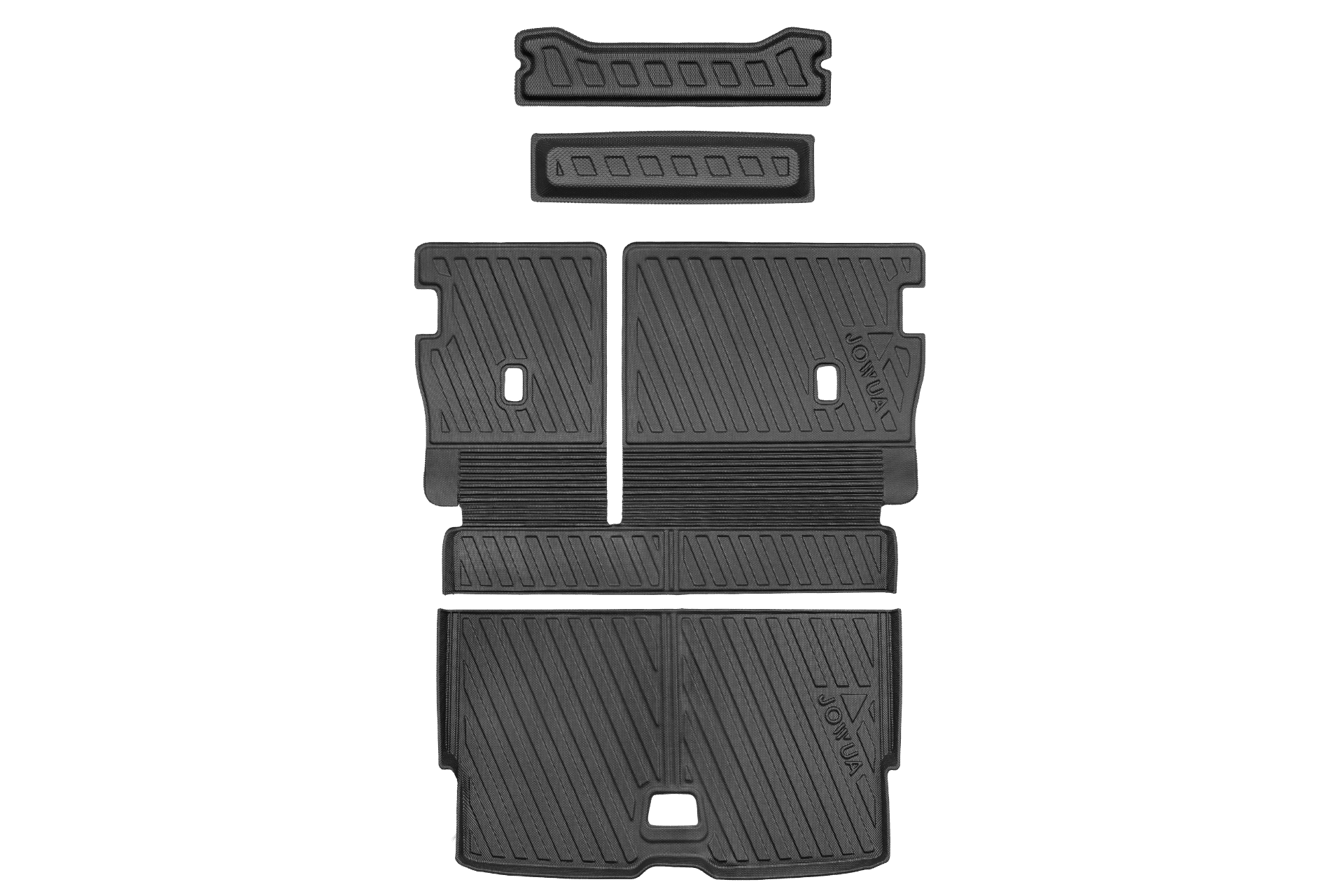 The JOWUA All Weather Trunk Liner + Rear Seat Cover for Volvo EX30 features durable, black rubber mats with textured grooves—offering versatile protection as a custom-fit cargo liner or rear seat cover, ideal for any weather conditions.