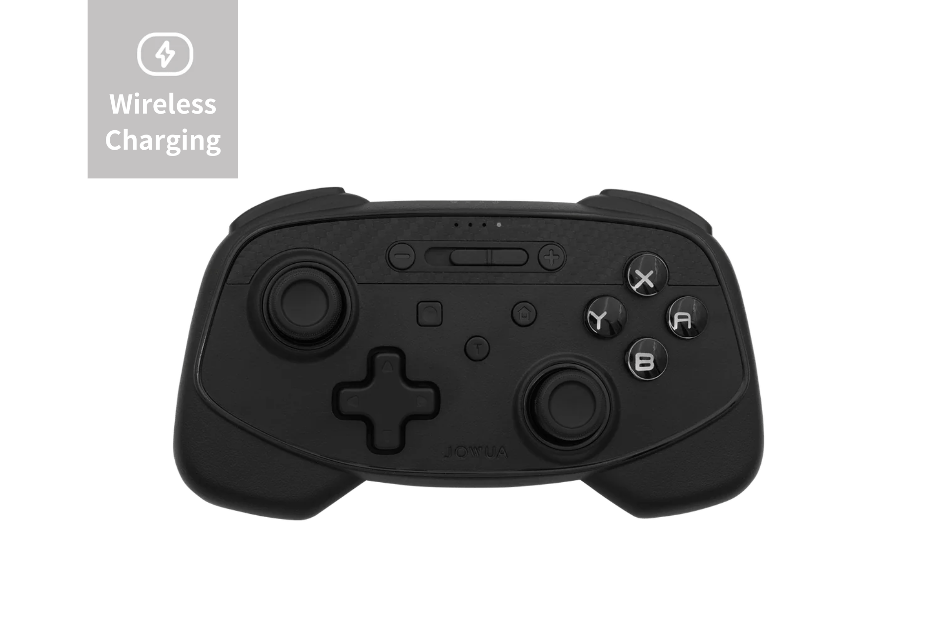 The JOWUA Tesla Gaming Controller is an elegant black device designed for gaming, featuring a variety of buttons and joysticks. It includes a D-pad, as well as labeled buttons X, Y, A, and B. This multi-device controller offers Bluetooth connectivity and showcases a "Wireless Charging" label in the top-left corner.