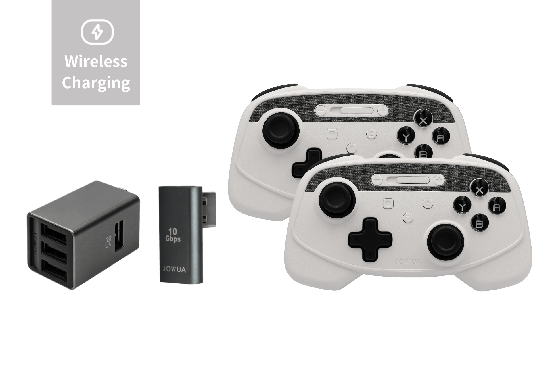 The JOWUA Wireless Tesla Game Controllers Combo includes two black and white controllers for Model 3/Y (2018-2024), a three-port USB wall charger, and a 10 Gbps USB dongle with a wireless charging upgrade icon.