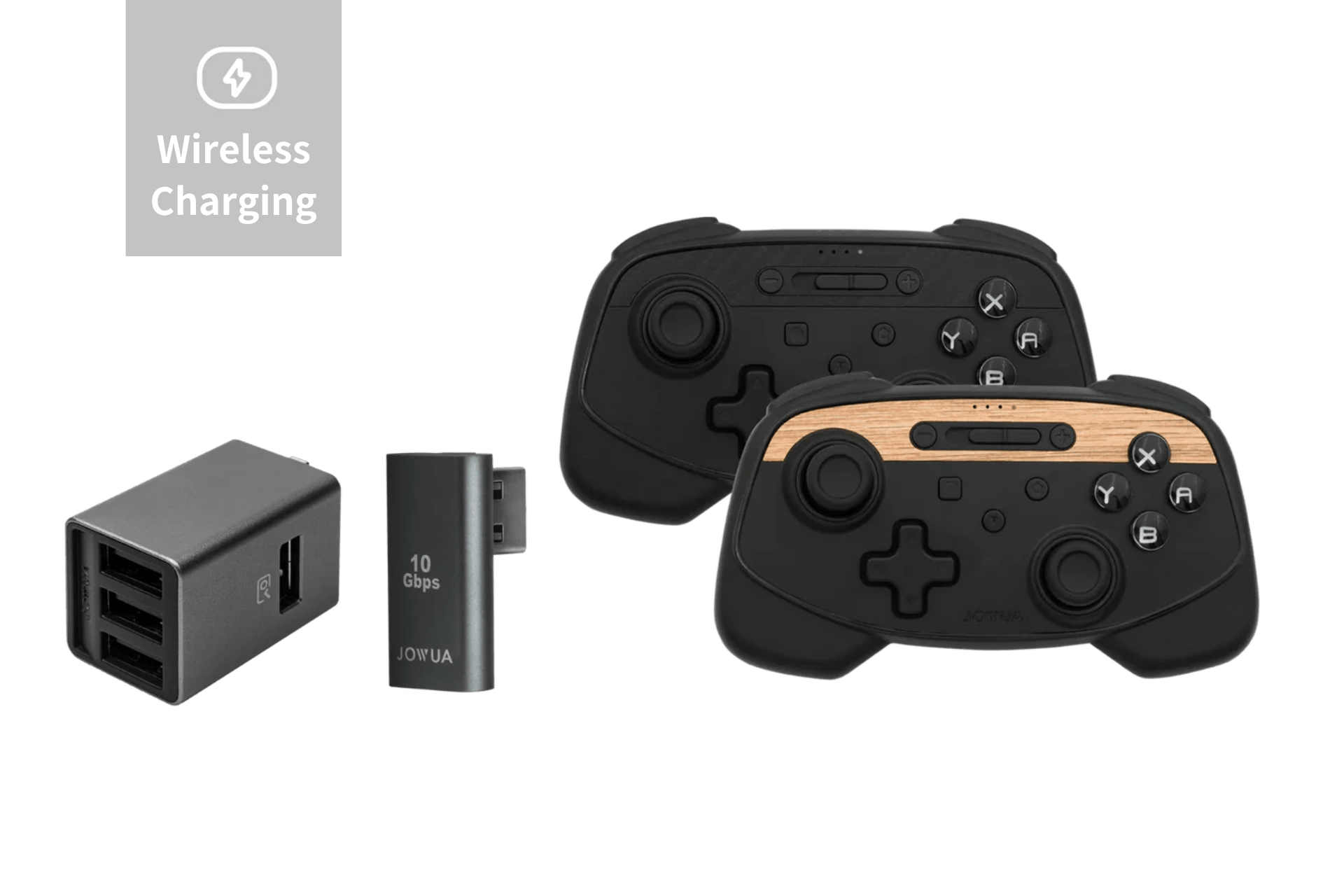 The JOWUA Wireless Tesla Game Controllers Combo for Model 3 (2018-2023) & Model Y (2018-2024) is displayed with two black controllers, a dual-port USB wall charger, a USB adapter, and a "Wireless Charging" icon on a plain background.