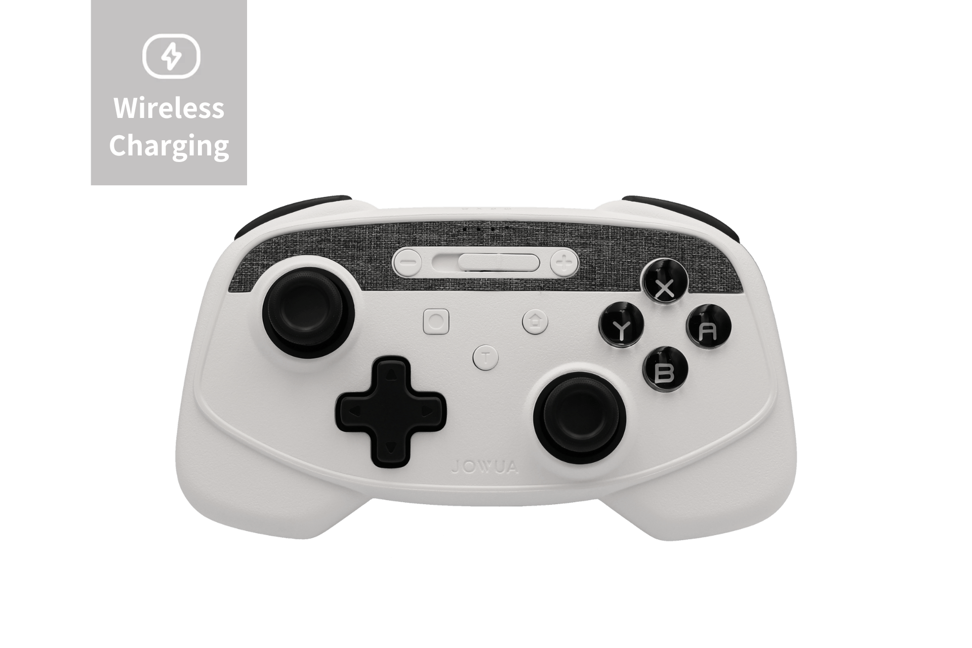 The JOWUA Tesla Gaming Controller is a multi-device wireless controller in black and white, featuring various buttons and knobs. It includes a textured strip on top, with labeled "A," "B," "X," and "Y" buttons. Compatible with Tesla devices, it offers Bluetooth connectivity and wireless charging capabilities, as highlighted by its label in the left corner.