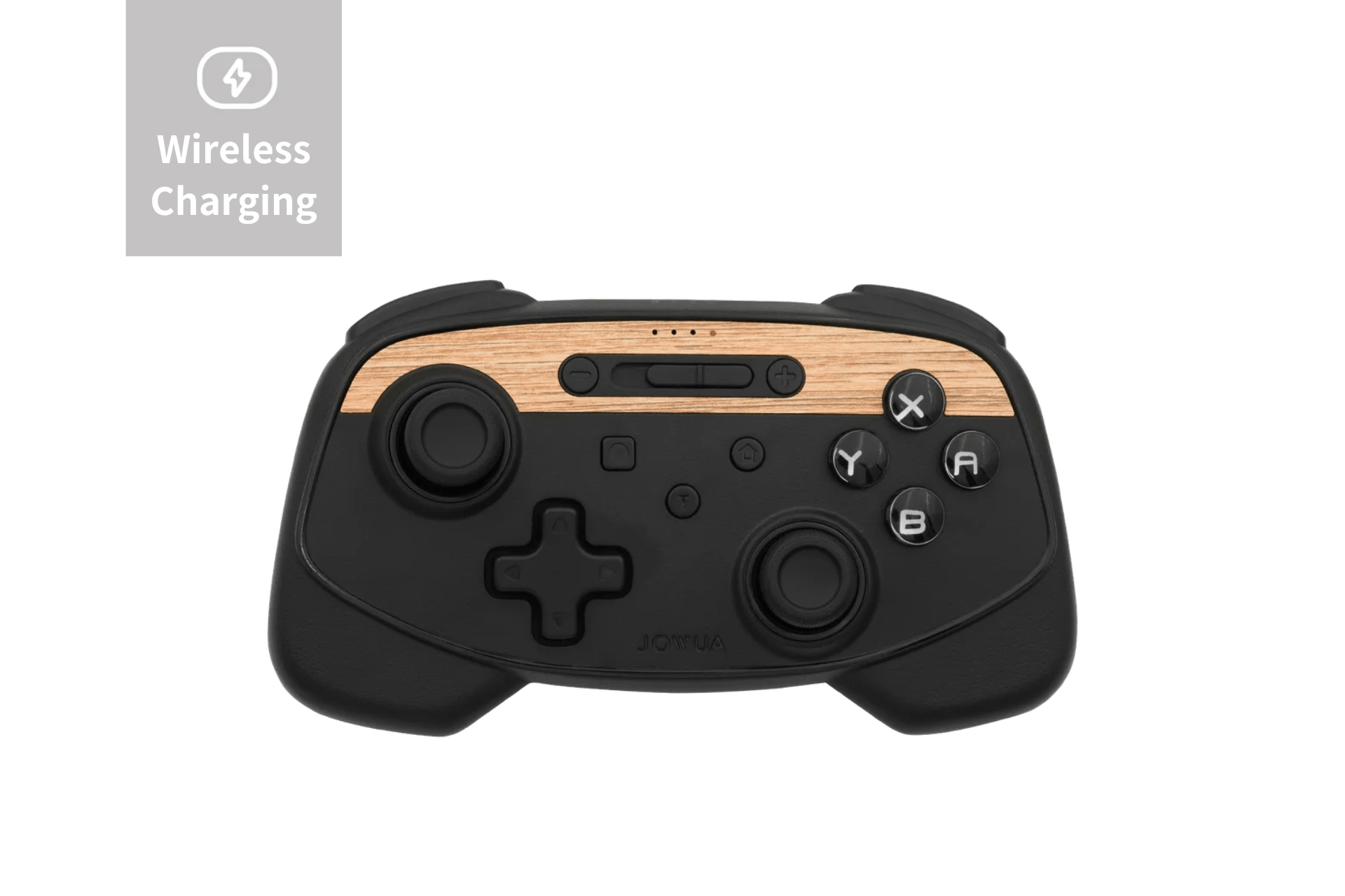 The JOWUA Tesla Gaming Controller is showcased, featuring a sleek black design with wood accents. It has various buttons, including directional pads and joysticks. A label in the top left corner highlights its "Wireless Charging" capability and seamless Bluetooth connectivity.