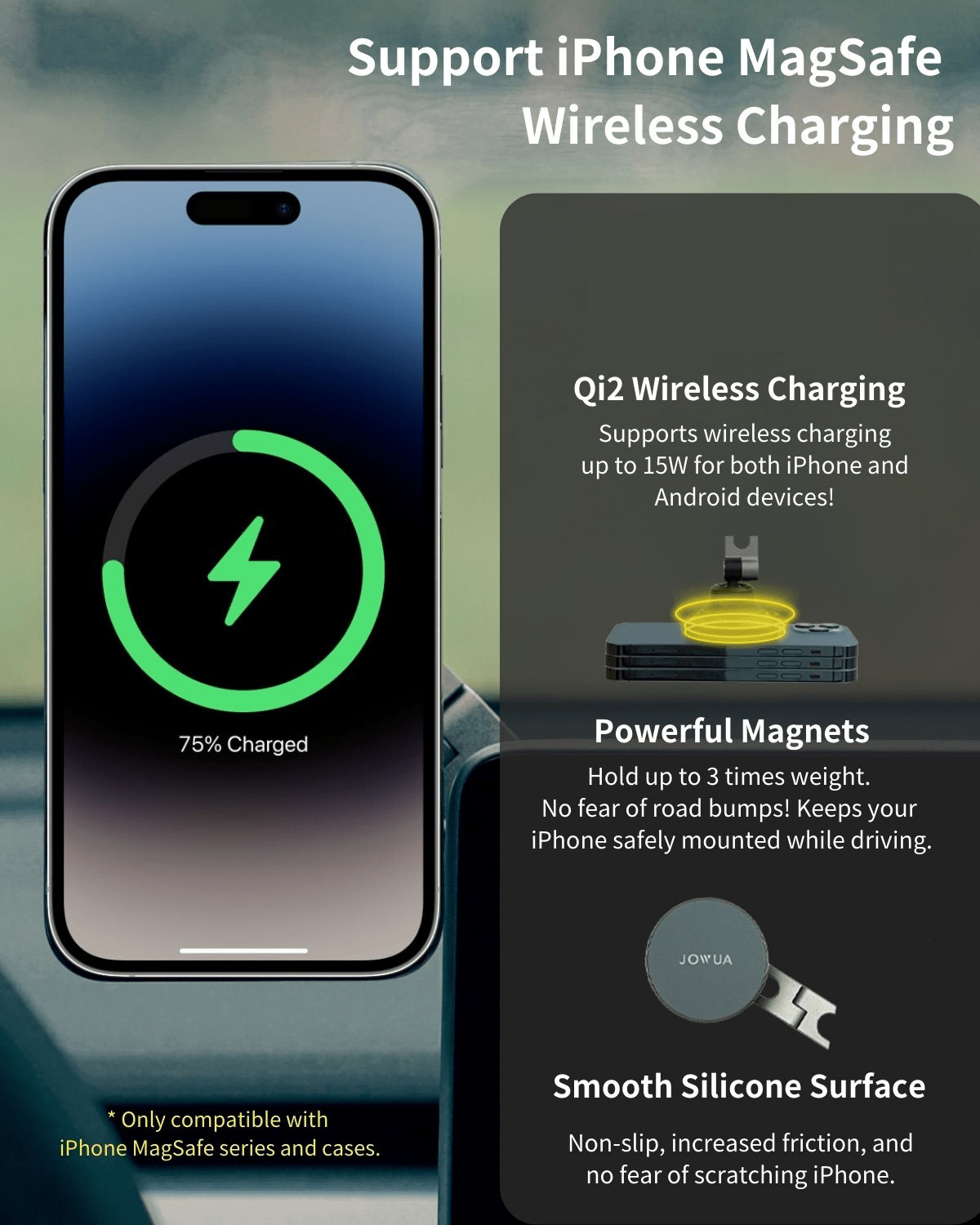A smartphone shows “75% Charged” with a MagSafe icon. The JOWUA Tesla Charging Essentials Set features Qi2 wireless charging, strong magnets, smooth silicone surface, and Apple device compatibility for Model 3 Highland (2024+)/ Y Juniper (2025+).