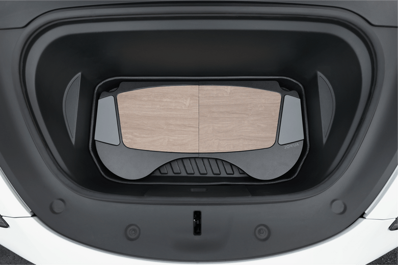 The image displays the JOWUA Model 3 All Weather Trunk Combo (Model 3 Highland, 2024+) with a stylish light wood storage organizer and fitted trunk liner, providing added protection and a refined look.