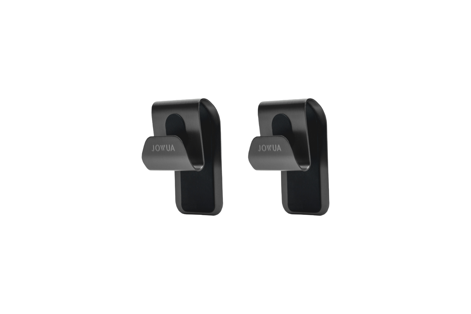 Two black JOWUA glovebox hooks for Tesla Model 3/Y feature a sleek, modern design with a simple curved shape, reminiscent of the stainless steel durability commonly admired in Tesla Model 3/Y interiors.