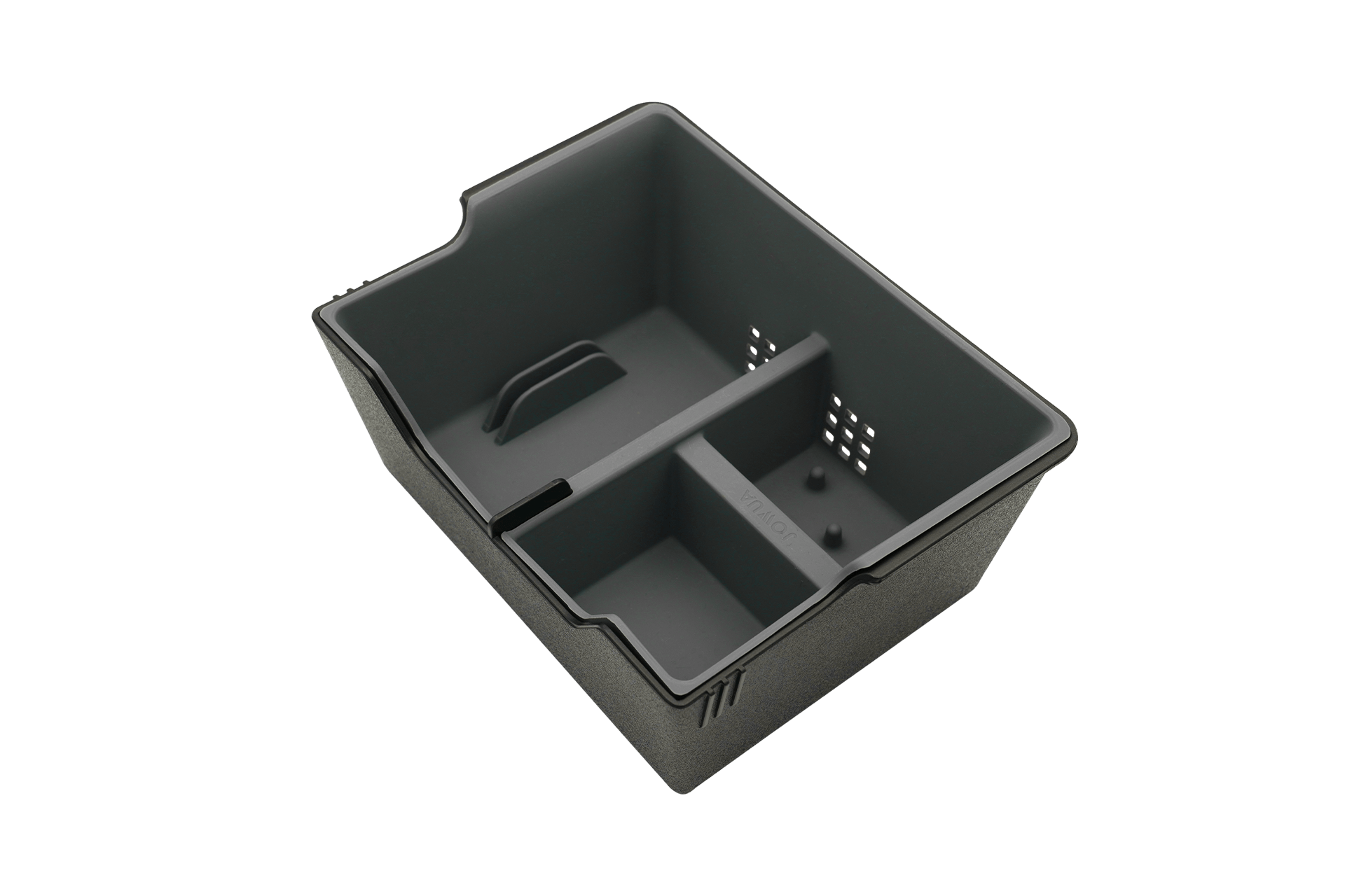 The JOWUA Center Console Tray Organizer, designed for pre-refresh Tesla Model 3/Y, is crafted from premium hybrid material with a textured finish and includes slotted dividers. This black, rectangular tray offers multiple compartments for storage and is ideal for Tesla accessories and Jowua hub compatibility.