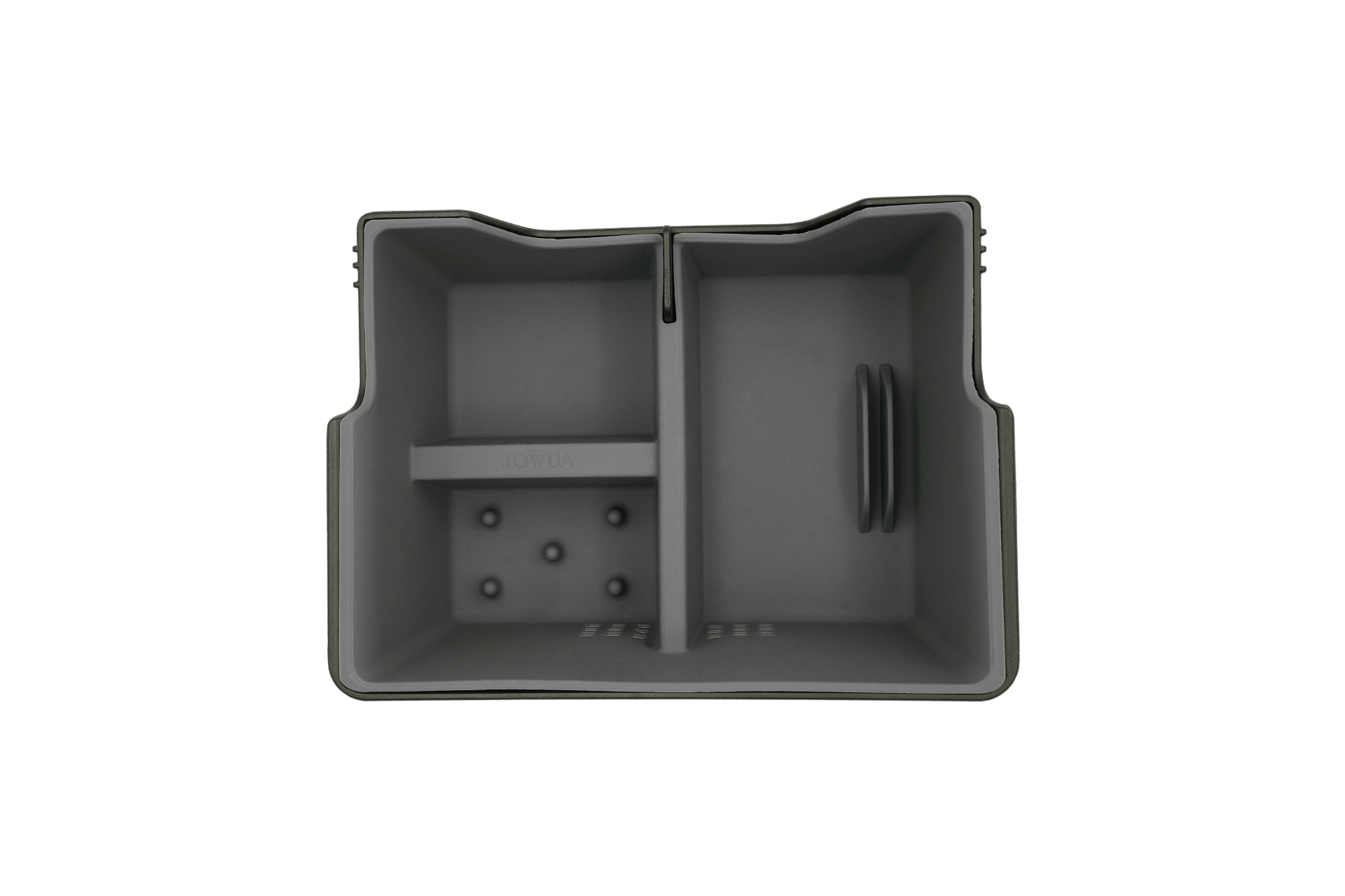 The JOWUA Center Console Tray Organizer for Pre-refresh Tesla Model 3 / Y, made from high-quality hybrid material, includes two compartments and a divider for utensil organization. Its perforated design ensures effective drainage and compatibility with Tesla accessories.