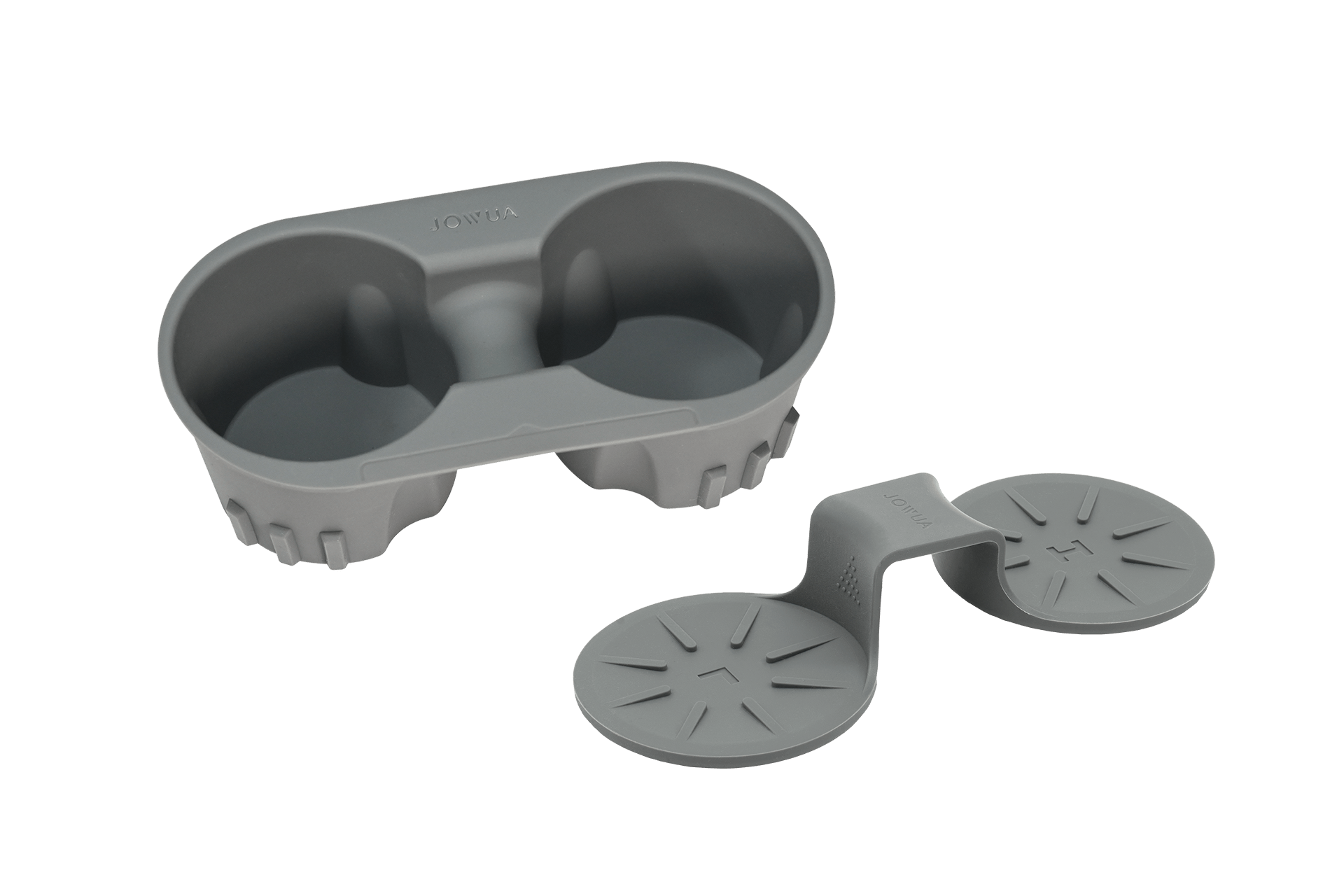 The JOWUA Cup Holder Set for Tesla Model 3 / Y is a gray plastic accessory designed to hold two cups securely. It features an easy-to-clean design with premium silicone elements, and includes a separate attachment that acts as a stabilizer for enhanced support.