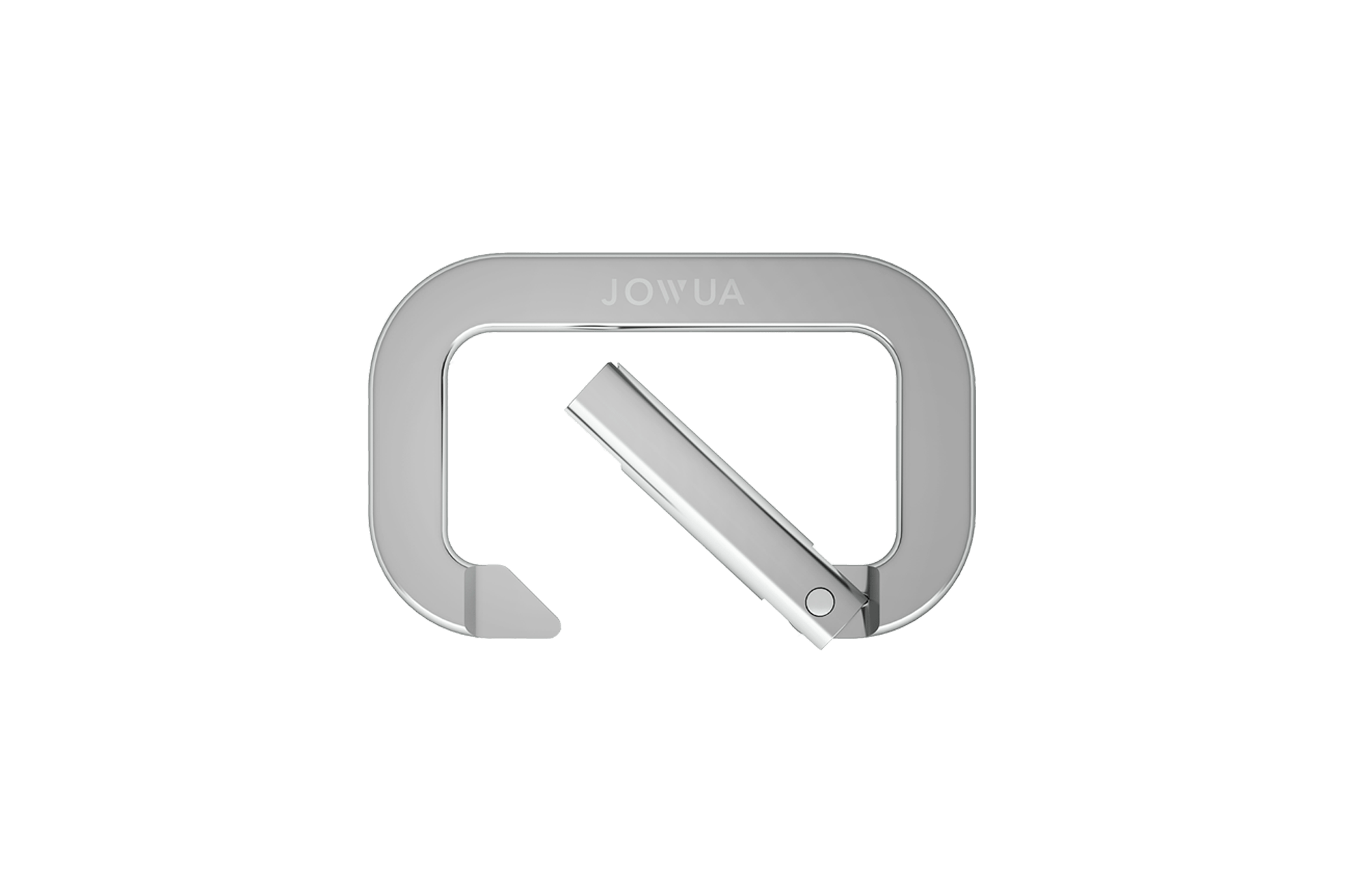 The Snap Hook Tesla Model S/3 from JOWUA is a metallic carabiner with a sleek, modern design that features easy opening and closing. Its rectangular shape includes a small lever or clasp on one side, making it ideal for organizing your Tesla Model S/3 sub-trunk compartment. The brand name "JOWUA" is elegantly engraved on the top.