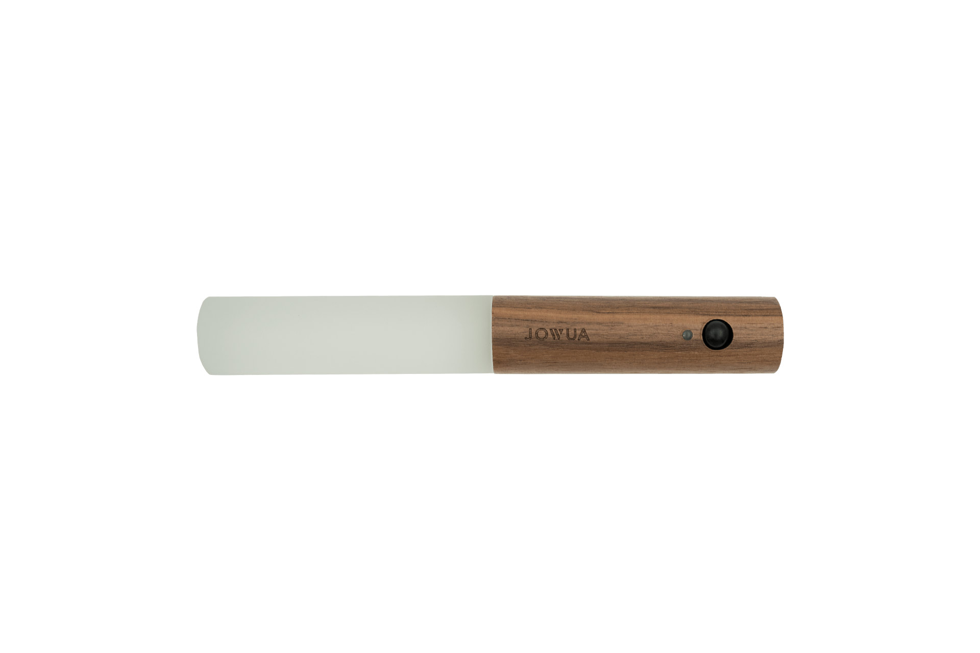 A sleek, modern LED light bar designed for the Tesla center console features a wooden handle and a power button, reminiscent of Tesla's interior lighting. The handle is engraved with the brand name "JOWUA." Its minimalist design includes a rechargeable battery for convenience and efficiency.