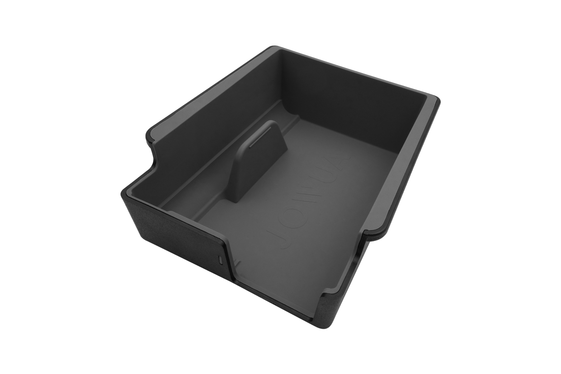 Introducing the JOWUA Armrest Organizer for Tesla Model 3/Y: a sleek black, rectangular plastic tray with a smooth, matte finish made from premium hybrid materials. It includes a divider on one side and features grooves along the edges, offering a spacious interior ideal for organizing items in your Model 3/Y's rear compartment.