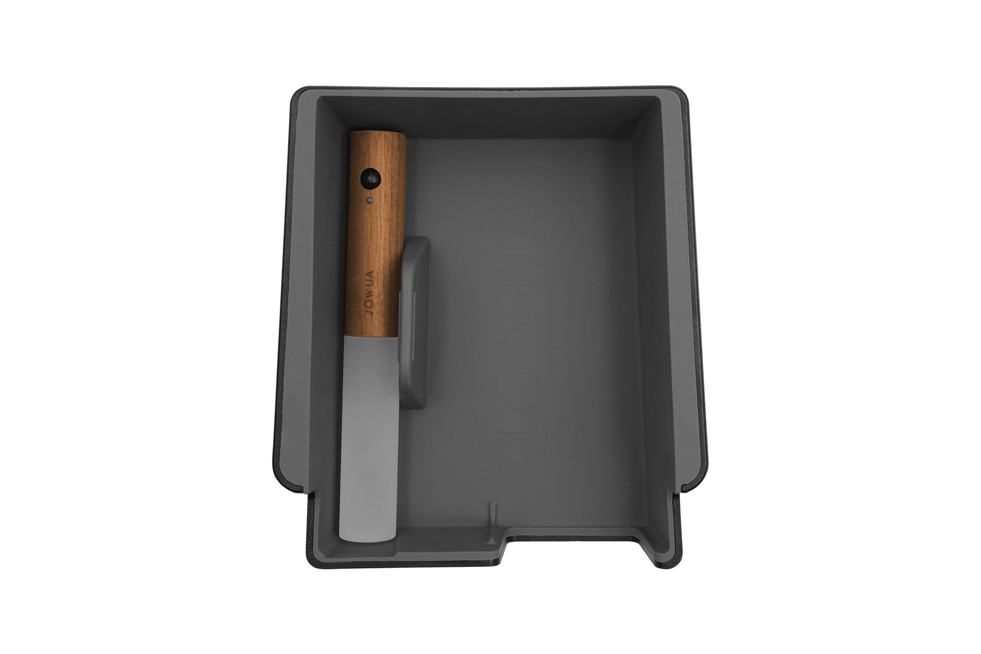 Introducing the JOWUA LED Light Bar, a wall-mounted, rectangular gray holder designed with smart sensor mode. Perfect for illuminating a single knife with a wooden handle, this device securely holds the knife in a vertical position and is powered by a rechargeable battery for efficient lighting.