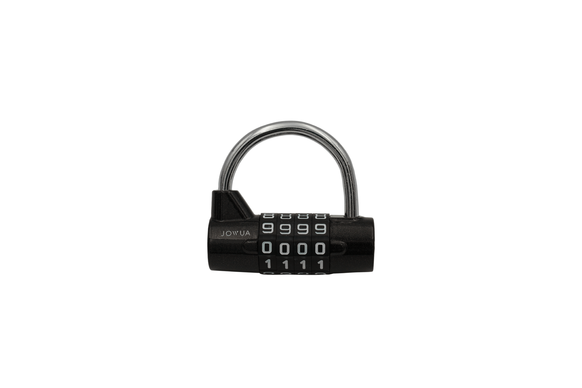 A JOWUA 4 Digit Padlock in black, featuring silver digits set to "0000," stands secure with its curved shackle gleaming subtly. Positioned upright on a plain background, it evokes the security of EV charging adapters in a bustling public parking lot.