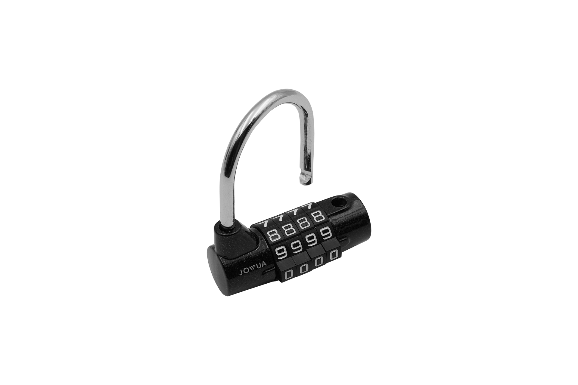 A black JOWUA 4 Digit Padlock, tailored for EV charging adapters, features four rotating dials set to 9999. It is shown unlocked, making it a dependable choice for securing valuable equipment in a public parking lot.