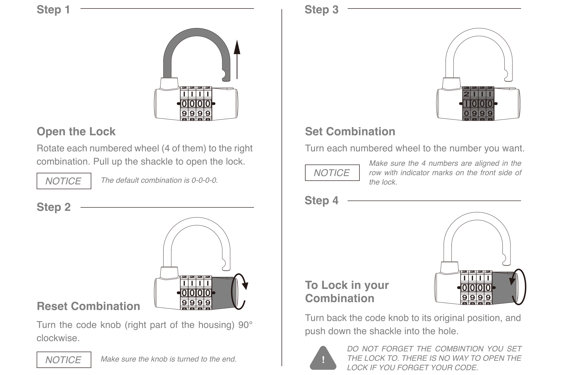 Instructions for the JOWUA 4 Digit Padlock in a public parking lot: Step 1 - Open the padlock by setting all wheels to 0-0-0-0. Step 2 - Reset by rotating the knob 90° clockwise. Step 3 - Set your combination using the numbered wheels, ensuring the arrows are aligned. Step 4 - Secure it by turning the knob and pushing down on the shackle.
