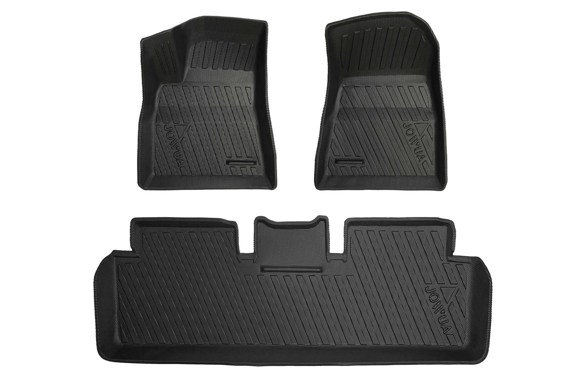 The image features three custom-fit, black rubber Model 3 All-Weather Floor Liners from JOWUA. These mats, specifically designed for Tesla Model 3 vehicles, have grooves and raised edges. The set includes two mats for the front seats and one for the rear.