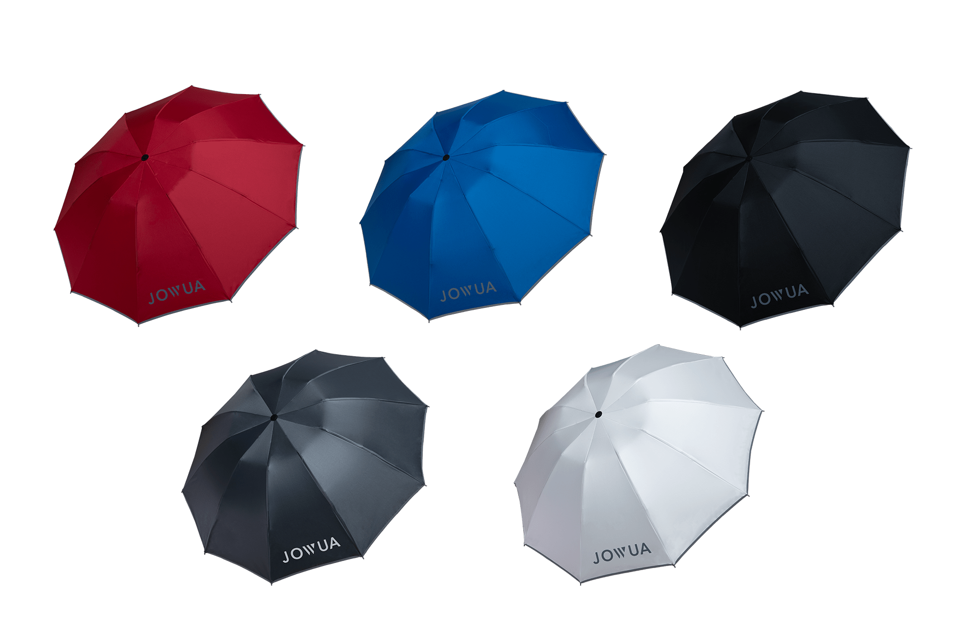 Five umbrellas are showcased, featuring an anti-rebound inverted design for convenient use. Available in red, blue, black, gray, and white colors, each umbrella proudly displays the "JOWUA" brand on a panel. These water-repellent Tesla Color Matching Umbrellas are arranged in two rows against a plain background.