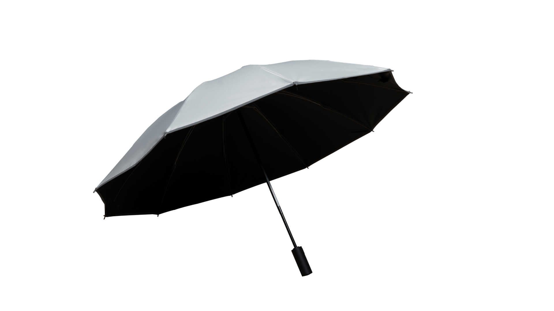 The Tesla Color Matching Umbrella by JOWUA is elegantly displayed fully opened against a plain black background, highlighting its unique inverted design. The umbrella features a pristine white exterior with a deep black interior and an extended straight black handle. This stylish accessory not only boasts an anti-rebound mechanism but also provides excellent UV protection.