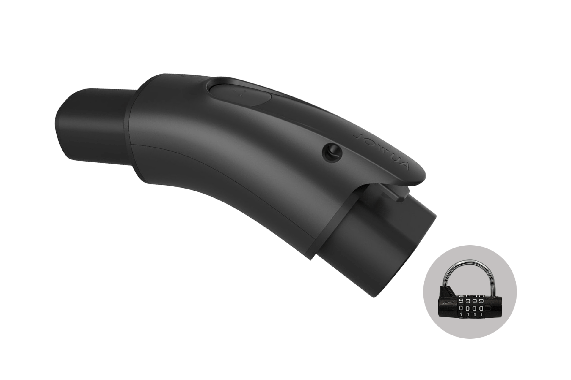 A CCS2-AC (TYPE2) to TPC(NACS) Adapter featuring intricate design details is displayed, compatible with the IEC 62196-2 standard. Inset in the bottom right corner is a small, black padlock from JOWUA.