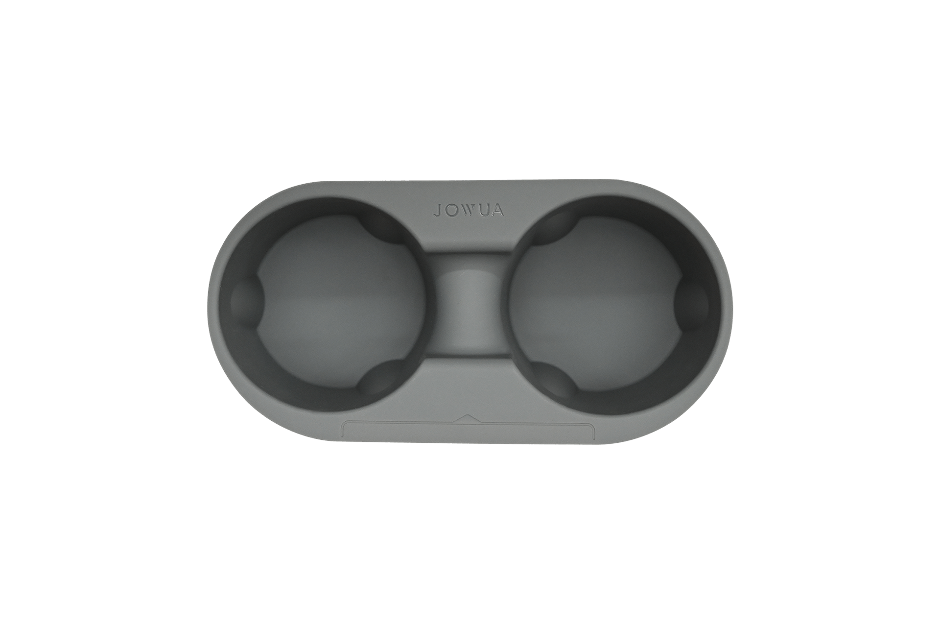 The JOWUA Cup Holder Set for Tesla Model 3 / Y is an elegantly designed, oval-shaped gray accessory adorned with the JOWUA logo at the top. Made from high-quality silicone, it accommodates two cups securely with its ridged edges and offers ease of cleaning, combining practicality with style.