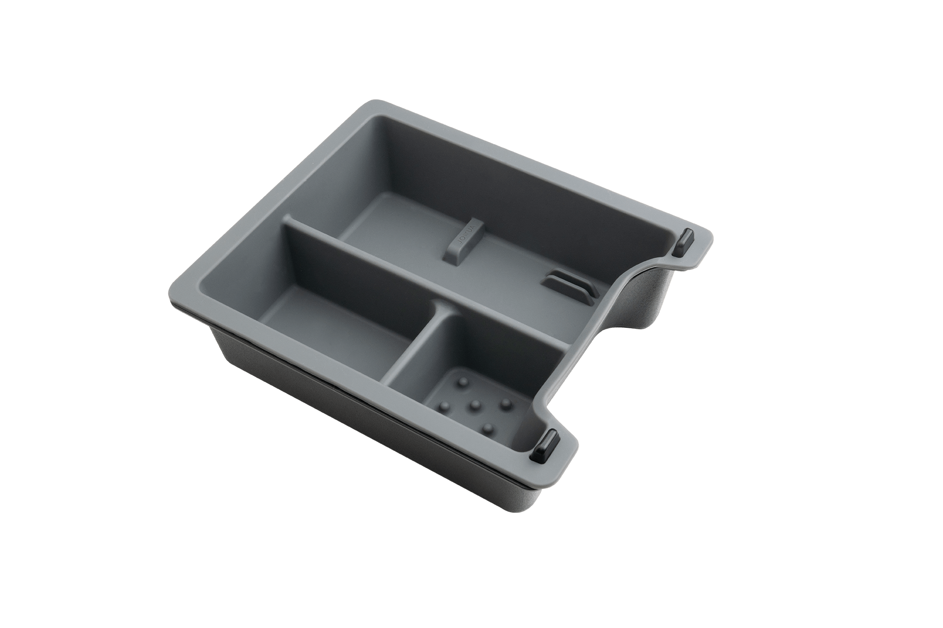 The JOWUA Center Console Tray Organizer for Tesla Model 3/Y is a gray plastic storage tray featuring multiple compartments and a textured base, designed to fit seamlessly into a larger box or drawer against a black background.