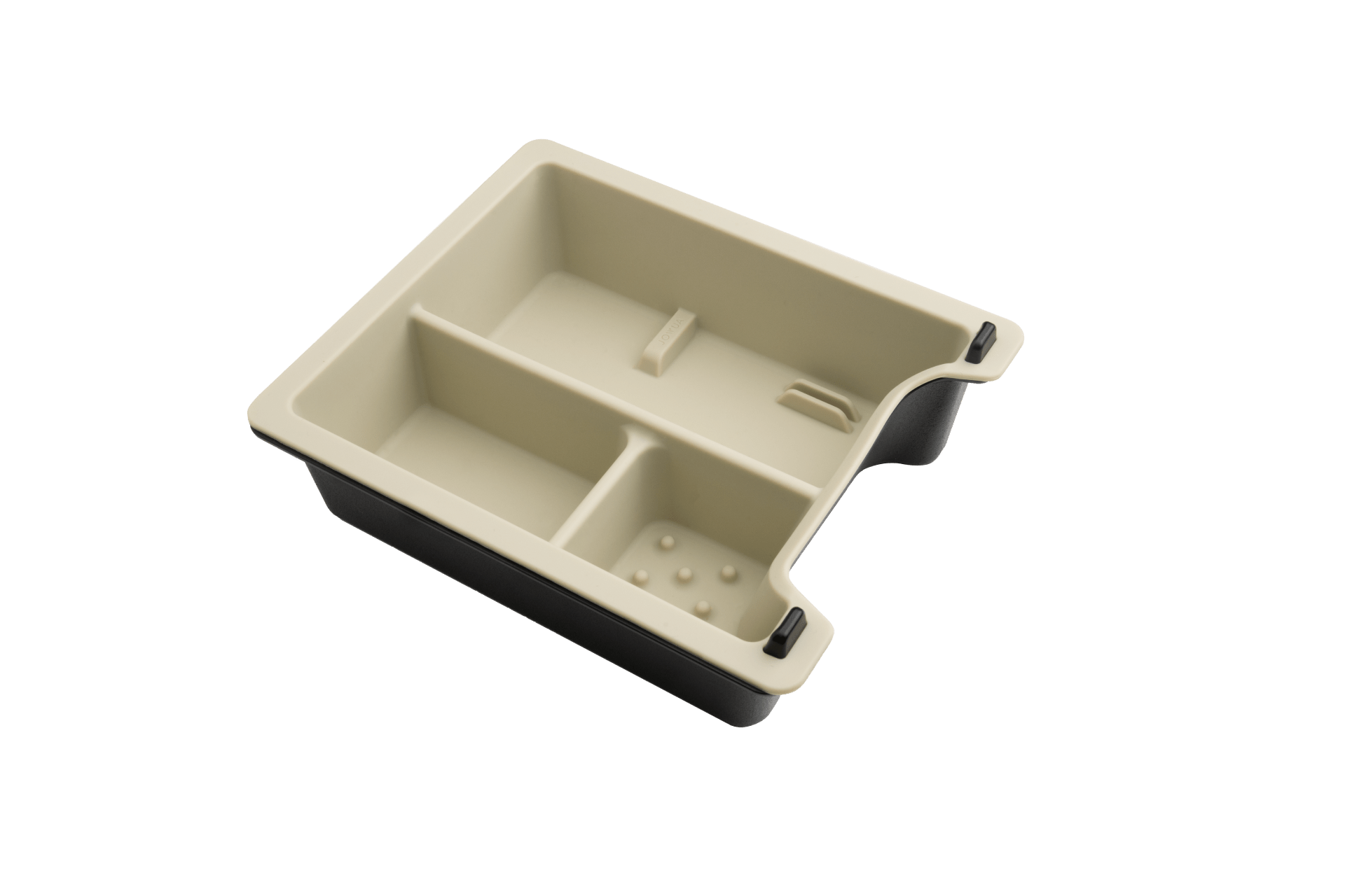 Introducing the JOWUA Center Console Tray Organizer for Tesla Model 3/Y, a beige and black tray featuring three compartments with rounded corners. Made from premium hybrid material, it offers a sleek finish and is perfectly designed to fit inside a drawer or serve as a center console organizer, enhancing both style and functionality.