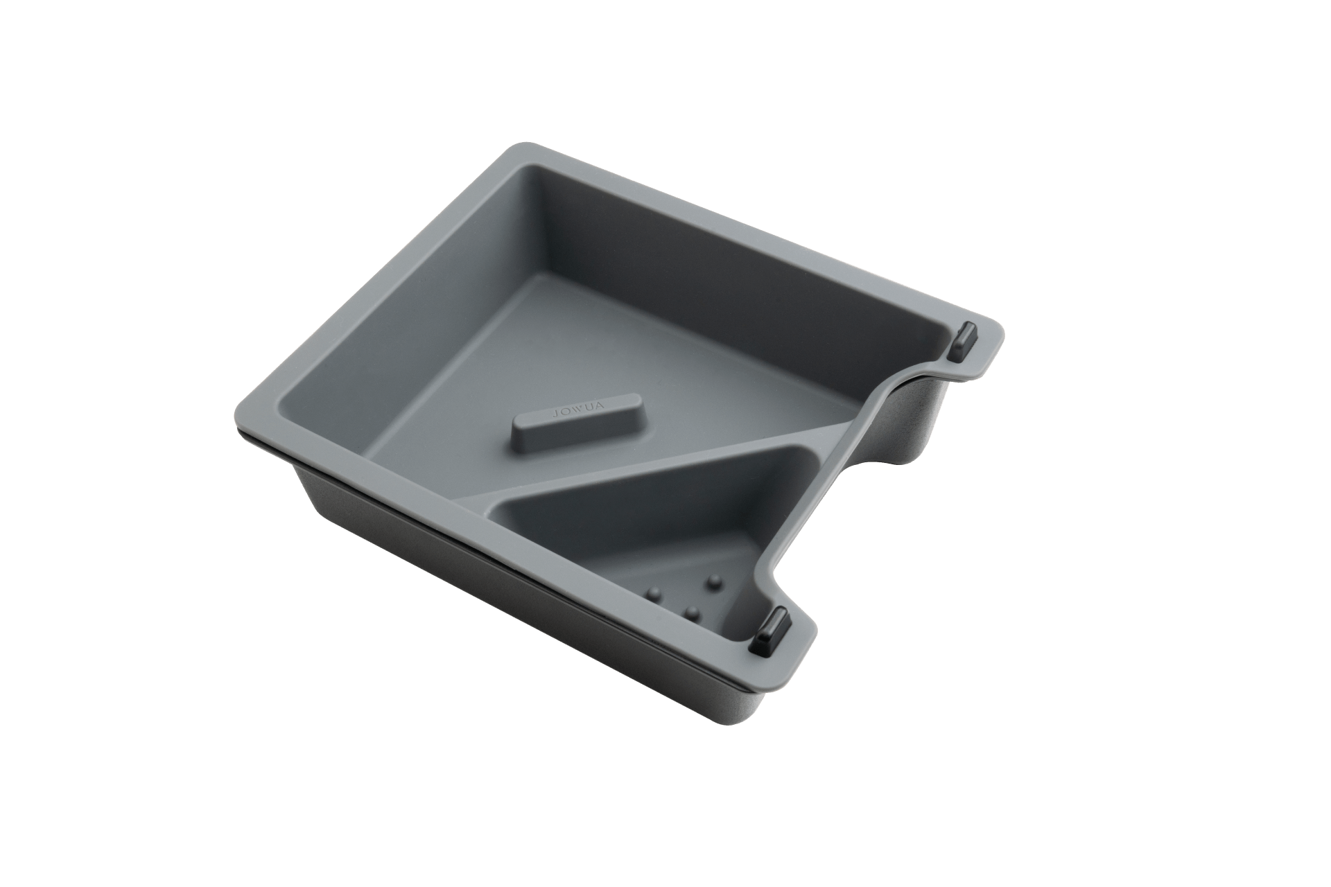 The JOWUA Center Console Tray Organizer for Tesla Model 3/Y is crafted from premium hybrid material and comes in gray. This rectangular plastic tray includes a slanted divider and a raised section at one end, making it ideal for organizing your center console. Part of the Tesla Model 3/Y accessories line, it boasts rounded edges and features an ergonomic handle on one side.